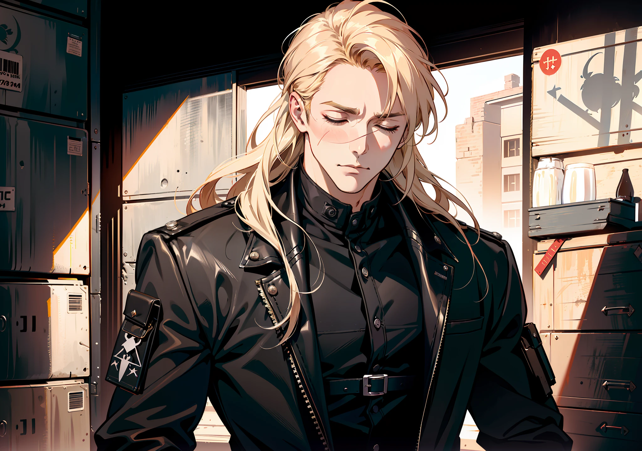 portrait, ((closed eyes)), ((flushed cheeks)), ((embarrassed)),  (absurd res, high res, ultra detailed), 1 male, adult, handsome, tall muscular guy, broad shoulders, blonde long hair, red eyes, finely detailed eyes, looking at viewer, solo, no background, detailed face, smirk, renegade, rugged dark leather clothes, small leather pouch, high fantasy medieval setting, smuggler hideout background, stealth, undercover, (crates in background), shadows, fog, (dutch angle), ((portrait)), black shirt, black jacket