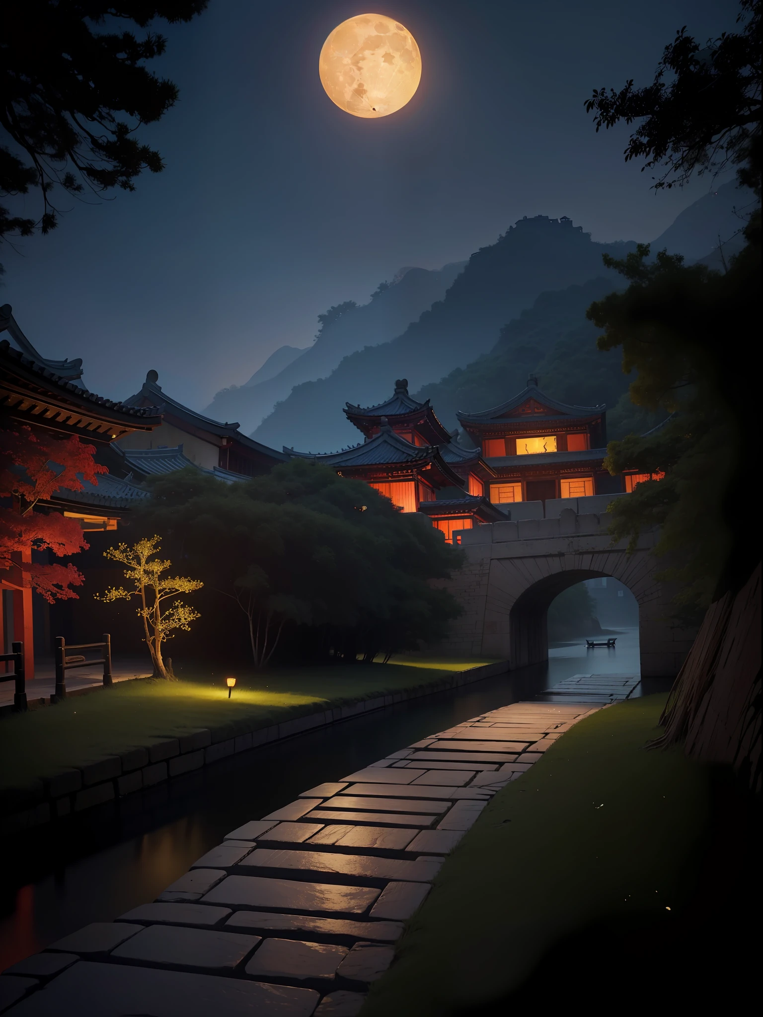 Official Art, Ancient China, Ancient Streets, (Lots of Fireflies), (Night), (Moon), Lights, Beautiful Landscapes, Epic Landscapes, Realistic Lighting, Masterpieces, High Quality, Beautiful Graphics, High Detail, Global Illumination, Unreal Engine Rendering, Octane Rendering, (HDR:1.3)