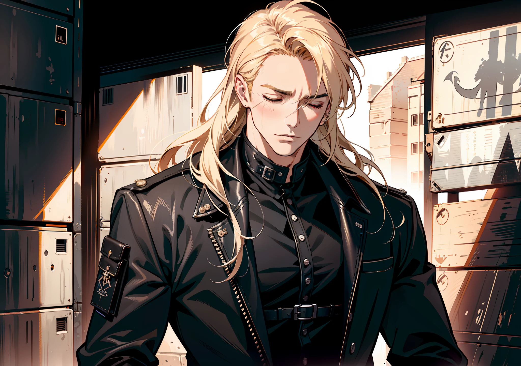 portrait, ((closed eyes)), ((flushed cheeks)), ((embarrassed)),  (absurd res, high res, ultra detailed), 1 male, adult, handsome, tall muscular guy, broad shoulders, blonde long hair, red eyes, finely detailed eyes, looking at viewer, solo, no background, detailed face, smirk, renegade, rugged dark leather clothes, small leather pouch, high fantasy medieval setting, smuggler hideout background, stealth, undercover, (crates in background), shadows, fog, (dutch angle), ((portrait)), black shirt, black jacket