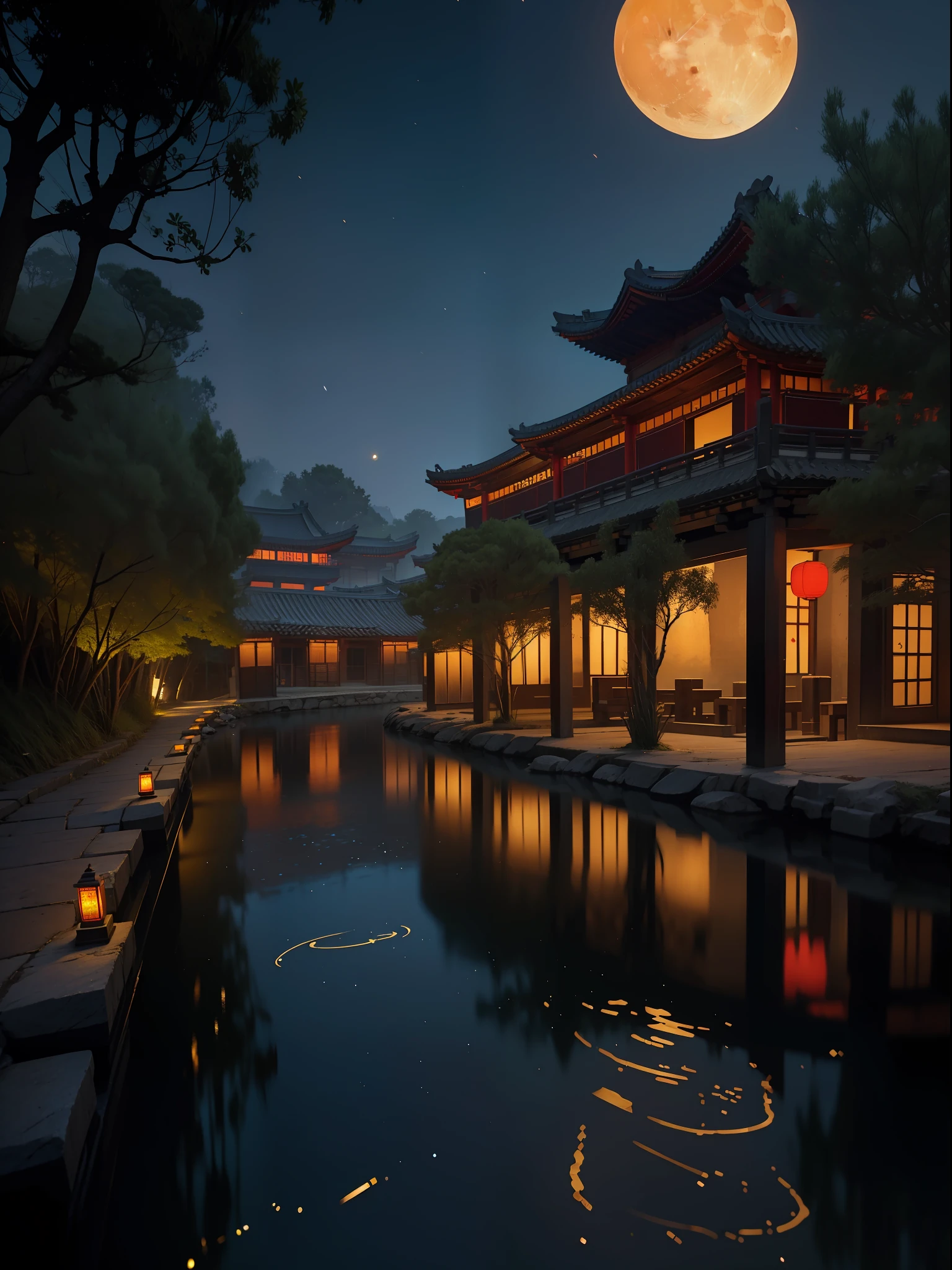 Official Art, Ancient China, Ancient Streets, (Lots of Fireflies), (Night), (Moon), Lights, Beautiful Landscapes, Epic Landscapes, Realistic Lighting, Masterpieces, High Quality, Beautiful Graphics, High Detail, Global Illumination, Unreal Engine Rendering, Octane Rendering, (HDR:1.3)