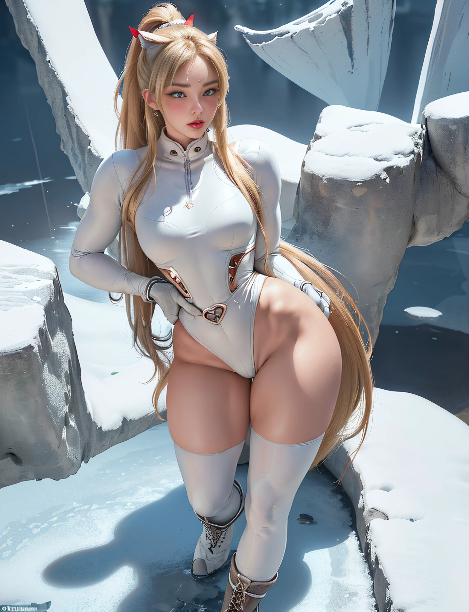 ((very detailed RAW color photo)), (((1 girl))), (((alone))), (((30 years))), ((athletic)), ((very defined toned physique)), ((very defined and beautiful muscular body)), (((very detailed perfect body))), (((small and defined breasts))), (((ultra defined curves))), (((superior quality, 8k, masterpiece: 1.3)), sharp focus: 1.2, (((extremely beautiful girl with perfect figure: 1.4))), ((very thin waist: 1.2)), ultra detailed skin texture, ((perfect and beautiful hands)), ((smooth and soft skin)), (ultra detailed fabric texture), extremely beautiful ultra detailed face, (((extremely beautiful))), intricate details, ultra detailed, (((girl wearing a tight snowsuit and hiking boots))), (((extremely long straight blonde hair))), extremely beautiful, (((extra long ponytail with bangs))), ((very detailed and beautiful wolf ears)), (hair on the face), ((hair ribbon)), dynamic pose, ((uniform leaves thighs exposed)), ((ultra detailed and toned legs)), (((ultra detailed waist))), (((very wide hips))), (((very thick and toned thighs))), (sexy), (((extreme hourglass figure))), (((very thick heart lips))), ((red lipstick)), ((ultra detailed lips)), ((ultra detailed blue eyes)), ((angry look)), (((staring at the viewer))), ultra-detailed provocative mouth, extremely beautiful seductive lips, ((blushing)), (makeup), (((ultra-defined waist))), eye shadow, (full body shot), on a frozen lake in Siberia