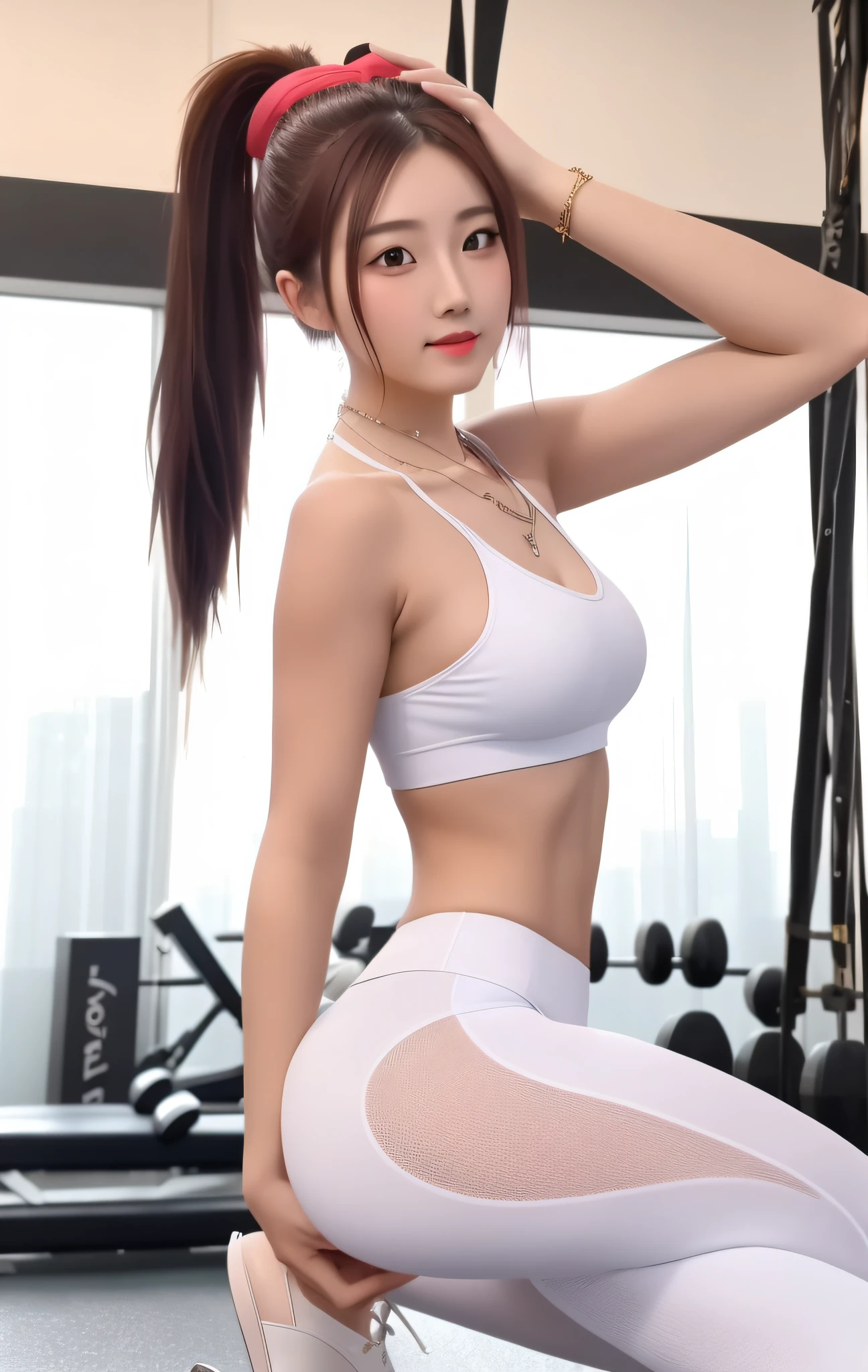 Best Quality, Masterpiece, High Resolution, 1 Girl, Ponytail Red Miniskirt, Hair Accessories, Necklace, Jewelry, Beautiful Face, Physics, Tyndall Effect, Realistic, Gym, Fitness Equipment, Edge Lighting, Two-tone Lighting, (High Detail Skin: 1.2), 8k UHD, DSLR, Soft Light, High Quality, Volumetric Light, Voyeur, Photo, High Resolution, 4K, 8K, Background Blur, Big Breasts, Full Body, Long Legs, High Heels, Yoga Pants White Leggings, Trimmed Face