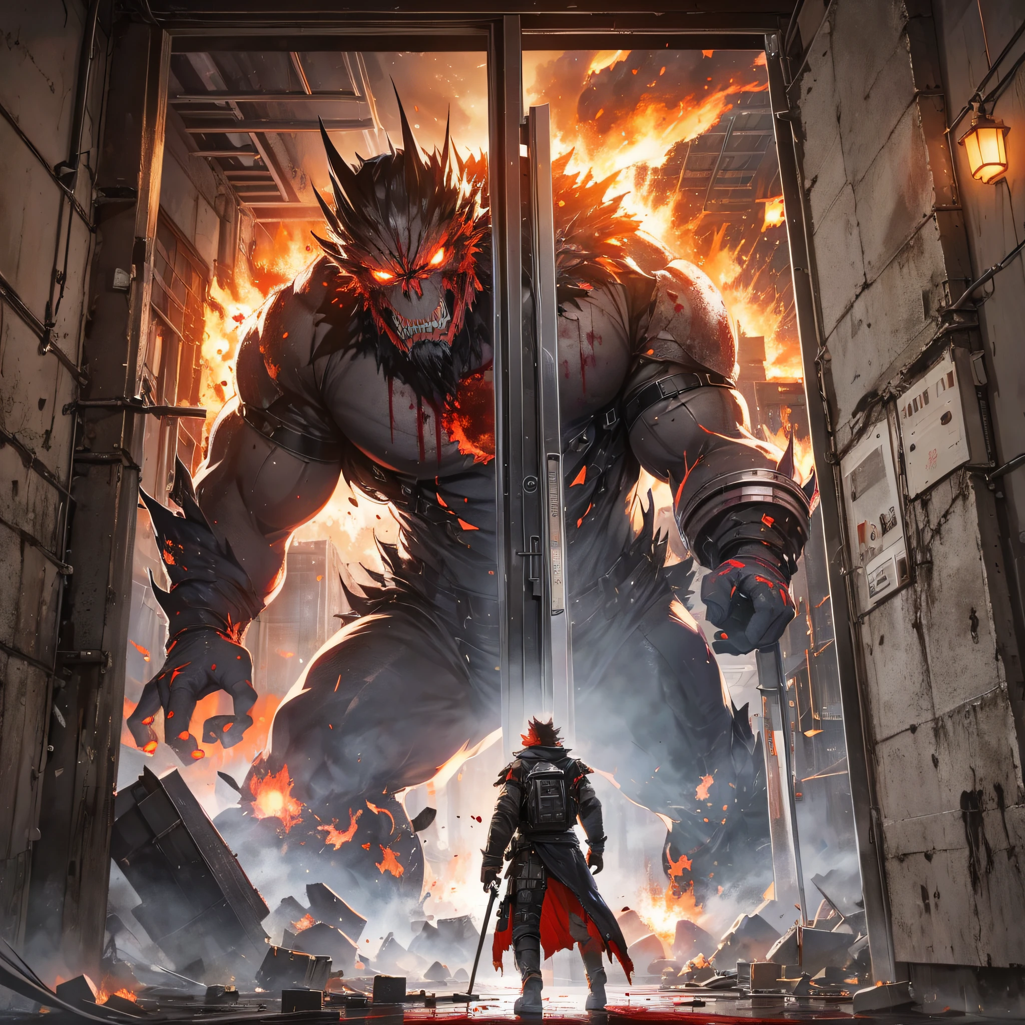 The huge steel explosion-proof door was torn open by the huge monster, night, blood moon, shock, fire