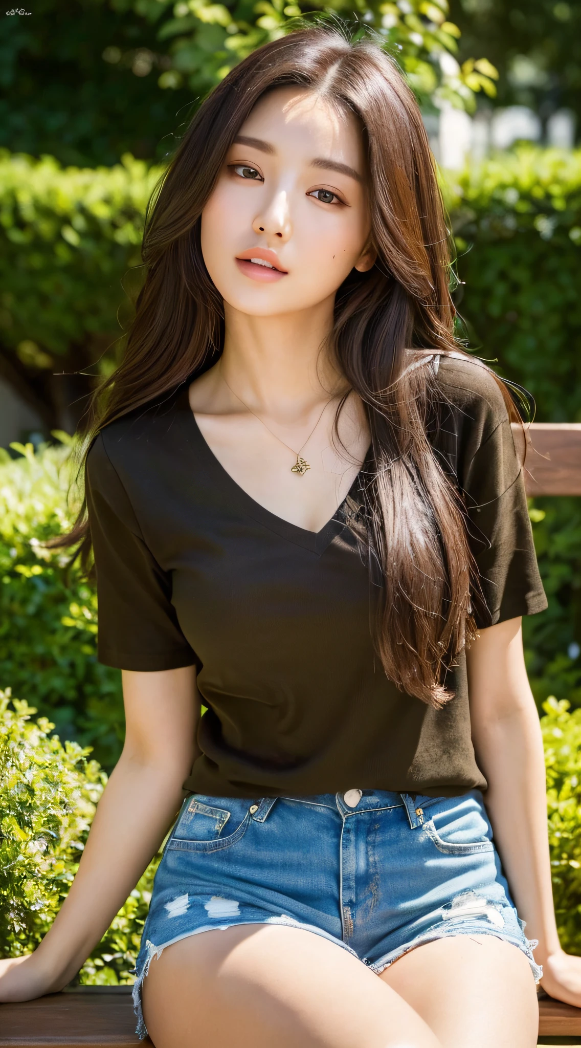 (Masterpiece: 1.3, Best Quality, 8k) On a bench in the garden there is a beautiful woman (perfect figure: 1.4) with dark brown hair, (pendant), V-neck T-shirt with ripped shorts, highly detailed face and skin, detailed double eyelids and eyes.