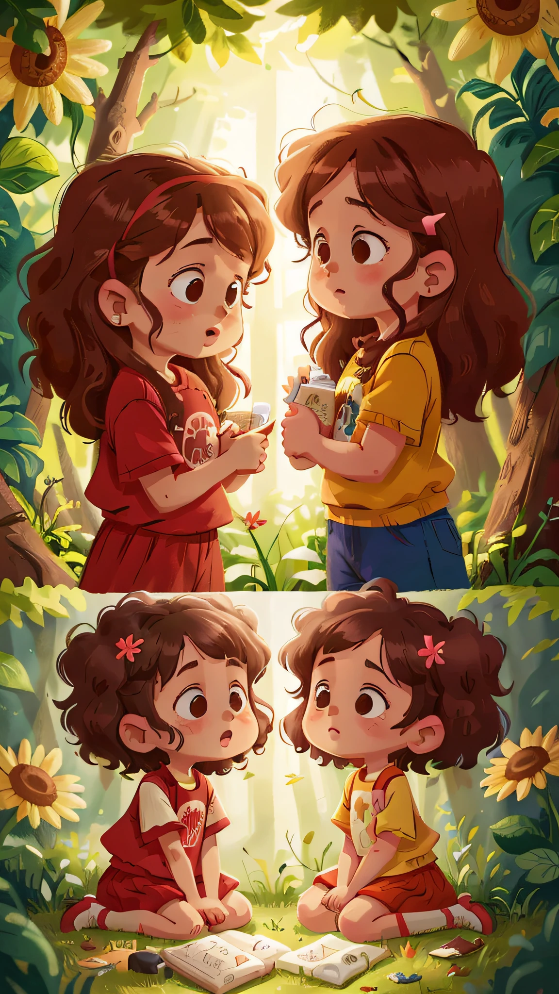 Two girls, twins, curly brown hair, in the destista