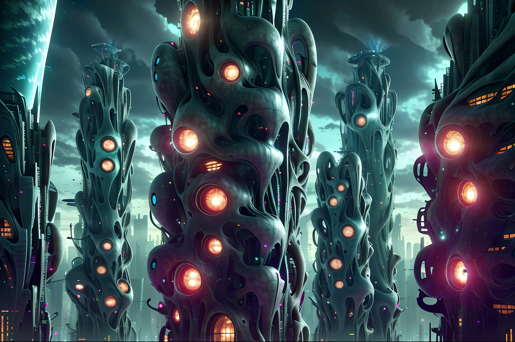 (extremely detailed CG unity 8k wallpaper, masterpiece, best quality, ultra-detailed), (dirty, grungy), (1girl), (BioPunkAI, genetic modification, augmented reality, futuristic landscape), (high-rise buildings, crowded streets, night time). Horror art, Unreal engine, UHD, line art drawing style.