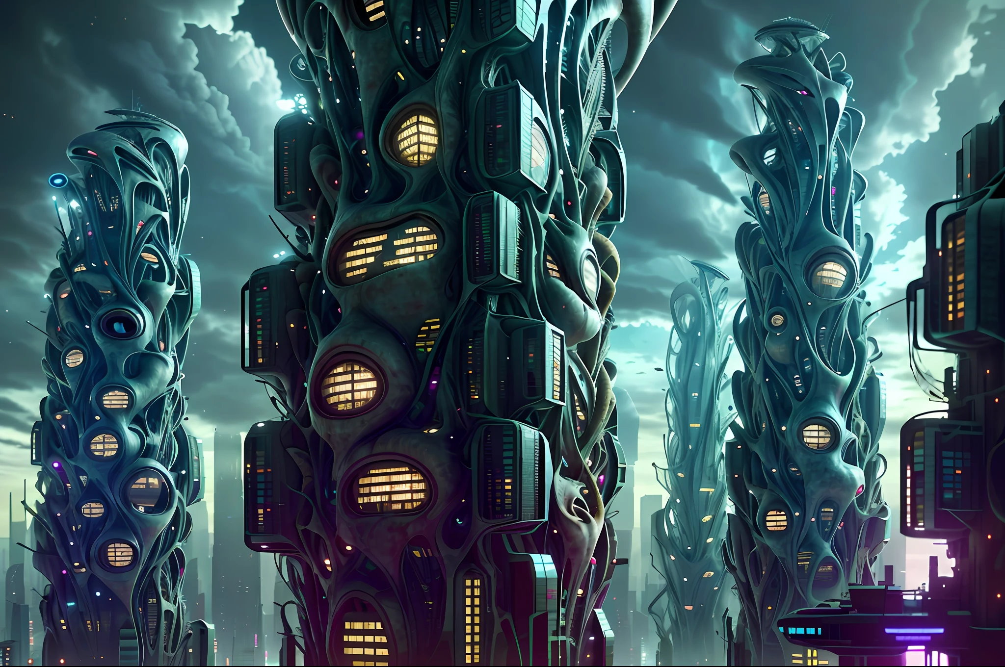 (extremely detailed CG unity 8k wallpaper, masterpiece, best quality, ultra-detailed), (dirty, grungy), (1girl), (BioPunkAI, genetic modification, augmented reality, futuristic landscape), (high-rise buildings, crowded streets, night time). Horror art, Unreal engine, UHD, line art drawing style.