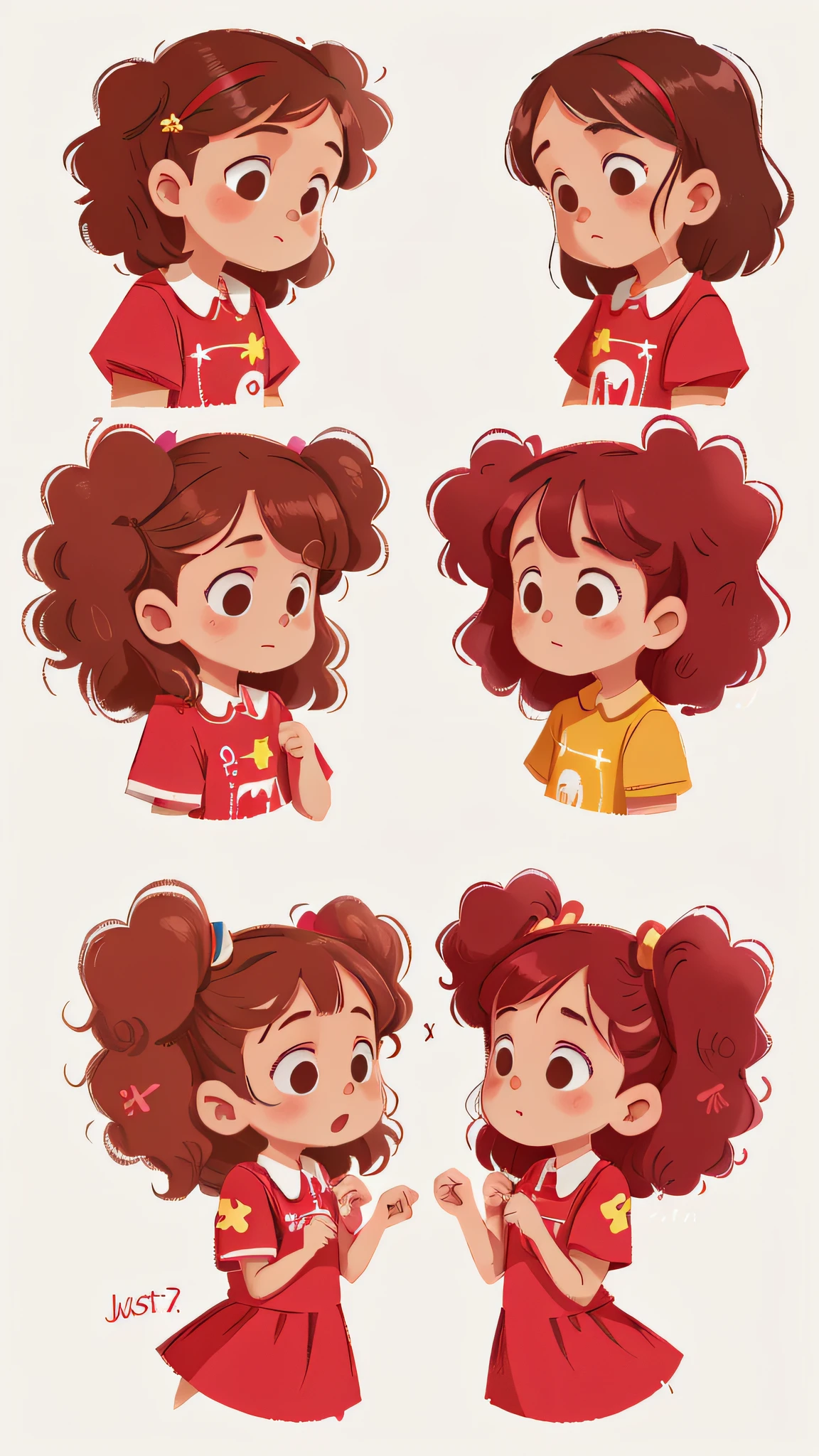 Two girls, twins, curly brown hair, in the destista