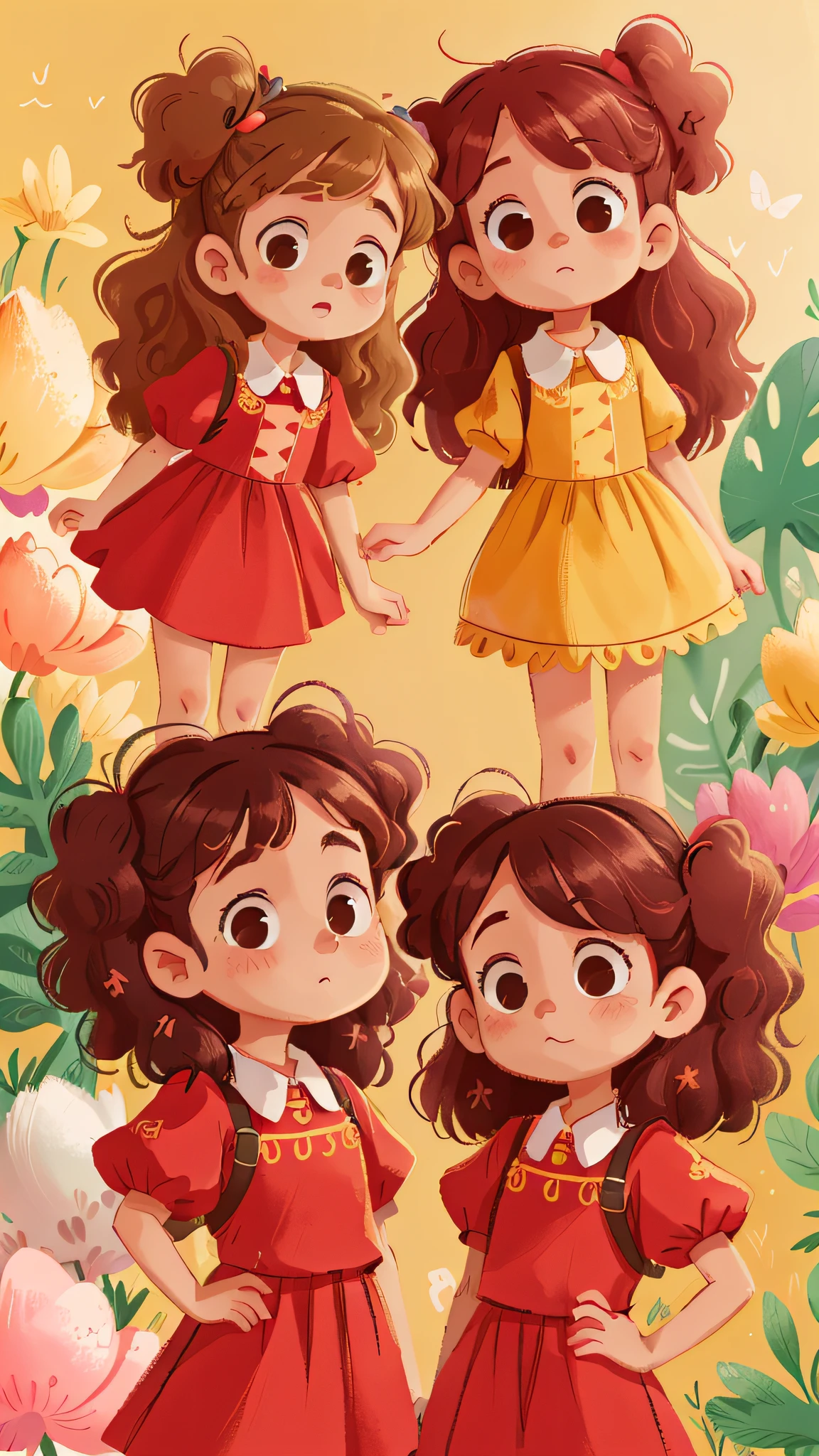 Two girls, twins, curly brown hair, in the destista