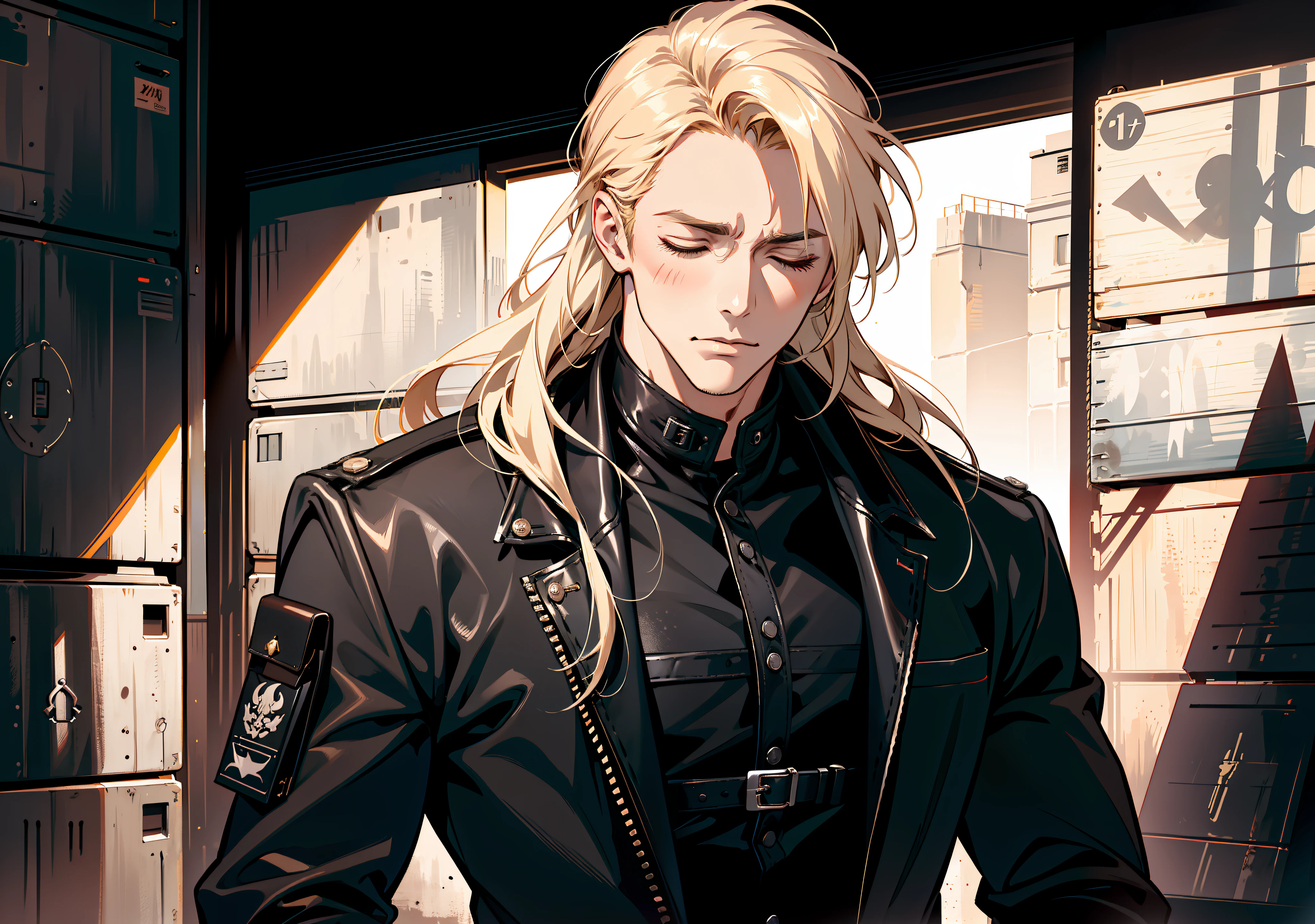 portrait, ((closed eyes)), ((flushed cheeks)), ((embarrassed)), (absurd res, high res, ultra detailed), 1 male, adult, handsome, tall muscular guy, broad shoulders, blonde long hair, red eyes, finely detailed eyes, looking at viewer, solo, no background, detailed face, smirk, renegade, rugged dark leather clothes, small leather pouch, high fantasy medieval setting, smuggler hideout background, stealth, undercover, (crates in background), shadows, fog, (dutch angle), ((portrait)), black shirt, black jacket