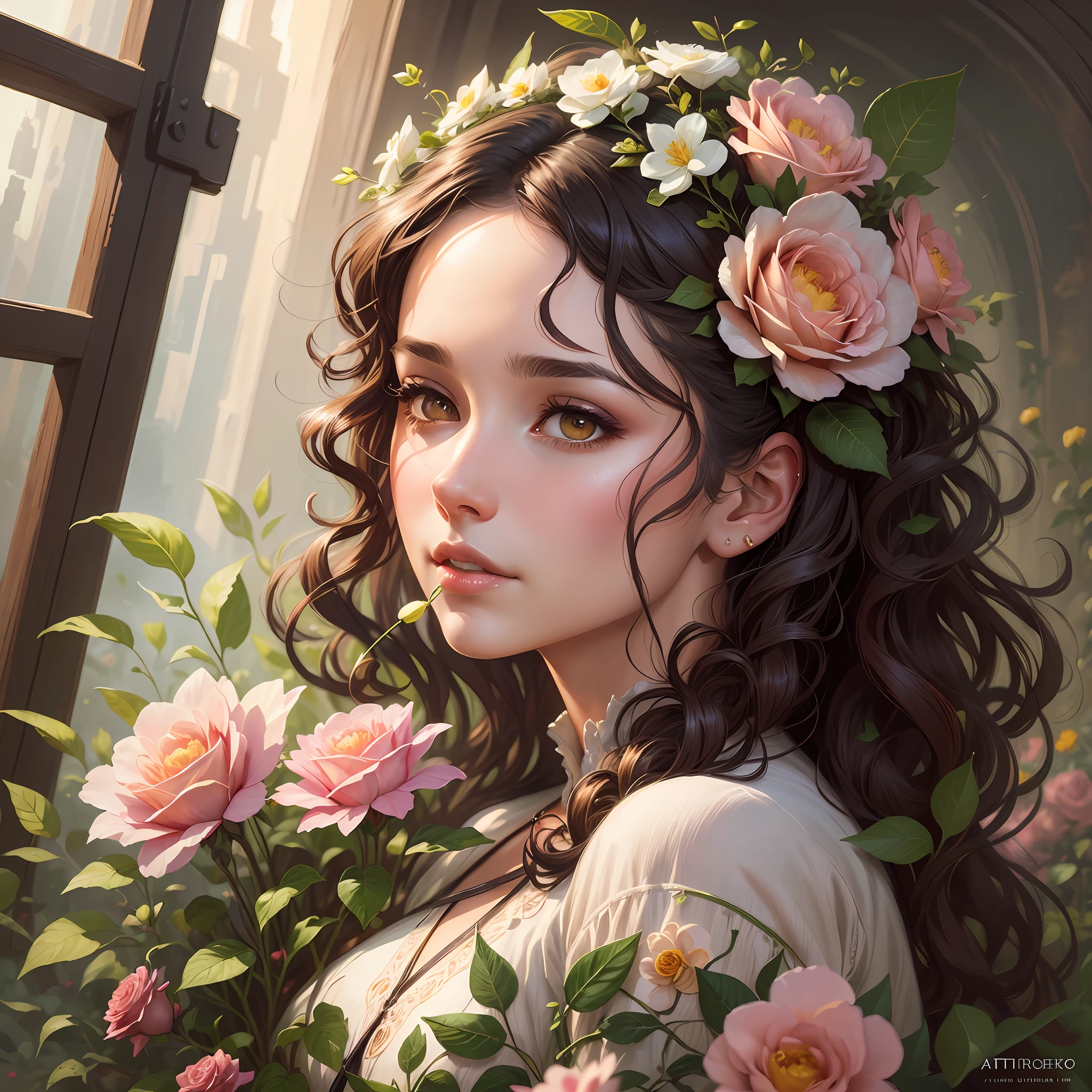 woman smelling a flower, curly hair, roses everywhere, highly detailed, digital painting, arts station, concept art, soft, sharp focus, illustration, art by artgerm and greg rutkowski and alphonse mucha