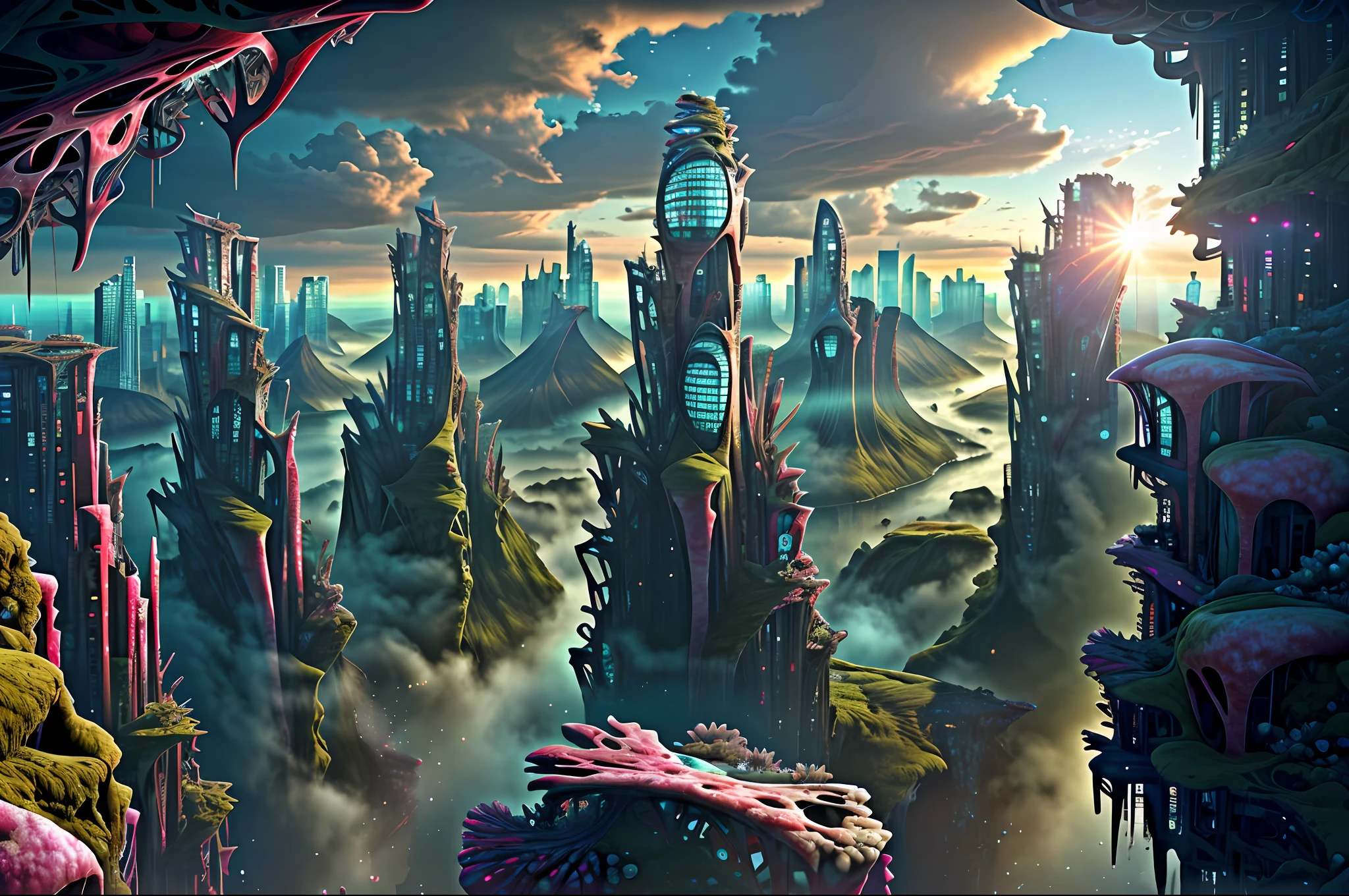 Wide angle, view from the top of the peak, (extremely detailed, masterpiece, best quality, ultra-detailed), (dirty, biomechanic, grungy), (BioPunkAI, genetic modification, augmented reality, futuristic landscape), (high-rise buildings, crowded streets, night time). Horror art, unreal engine, UHD, line art drawing style.
