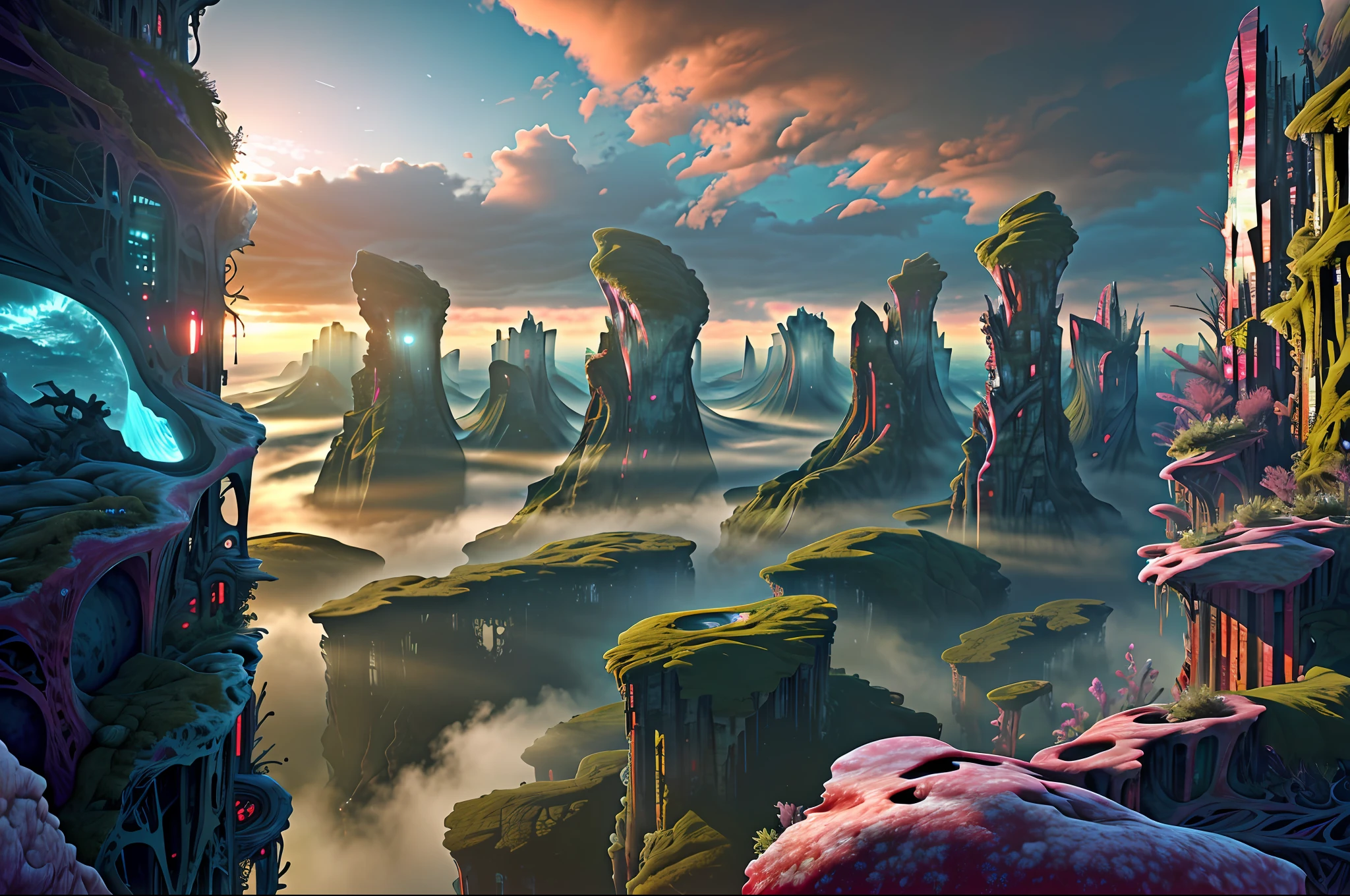 Wide angle, view from the top of the peak, (extremely detailed, masterpiece, best quality, ultra-detailed), (dirty, biomechanic, grungy), (BioPunkAI, genetic modification, augmented reality, futuristic landscape), (high-rise buildings, crowded streets, night time). Horror art, unreal engine, UHD, line art drawing style.