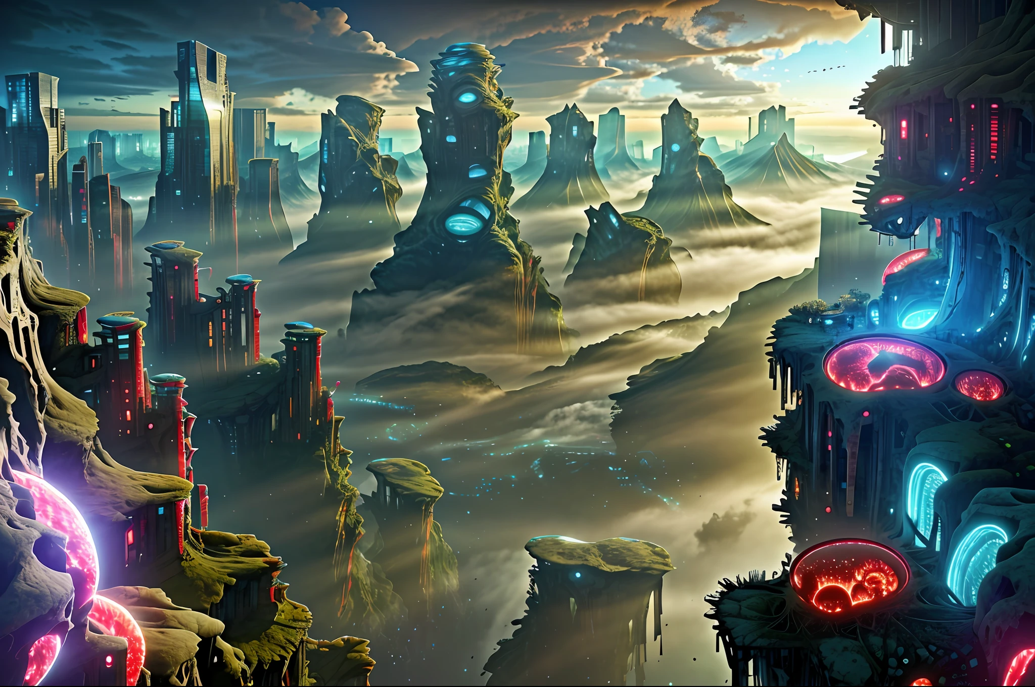Wide angle, view from the top of the peak, (extremely detailed, masterpiece, best quality, ultra-detailed), (dirty, biomechanic, grungy), (BioPunkAI, genetic modification, augmented reality, futuristic landscape), (high-rise buildings, crowded streets, night time). Horror art, unreal engine, UHD, line art drawing style.