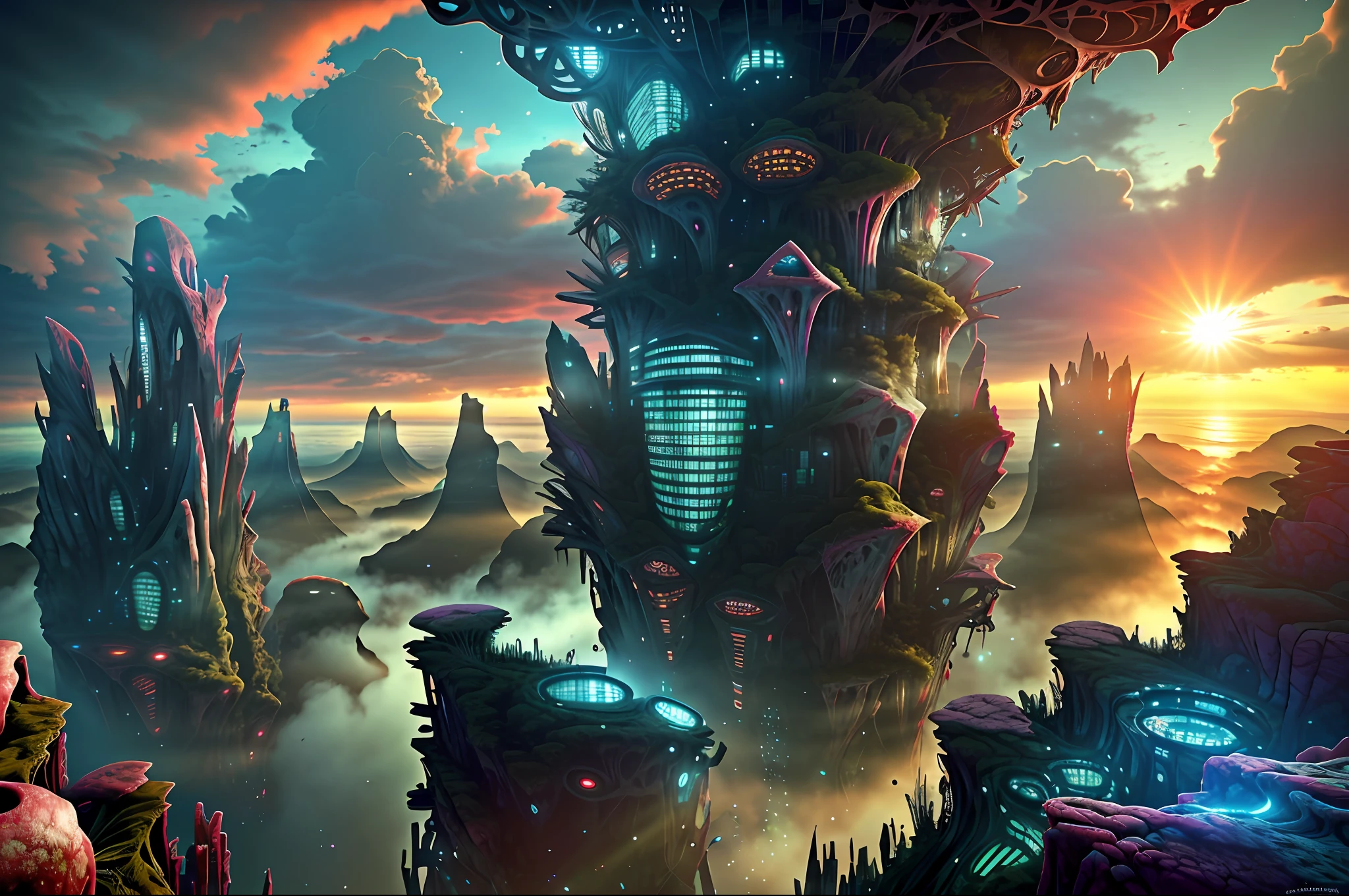 Wide angle, view from the top of the peak, (extremely detailed, masterpiece, best quality, ultra-detailed), (dirty, biomechanic, grungy), (BioPunkAI, genetic modification, augmented reality, futuristic landscape), (high-rise buildings, crowded streets, night time). Horror art, unreal engine, UHD, line art drawing style.