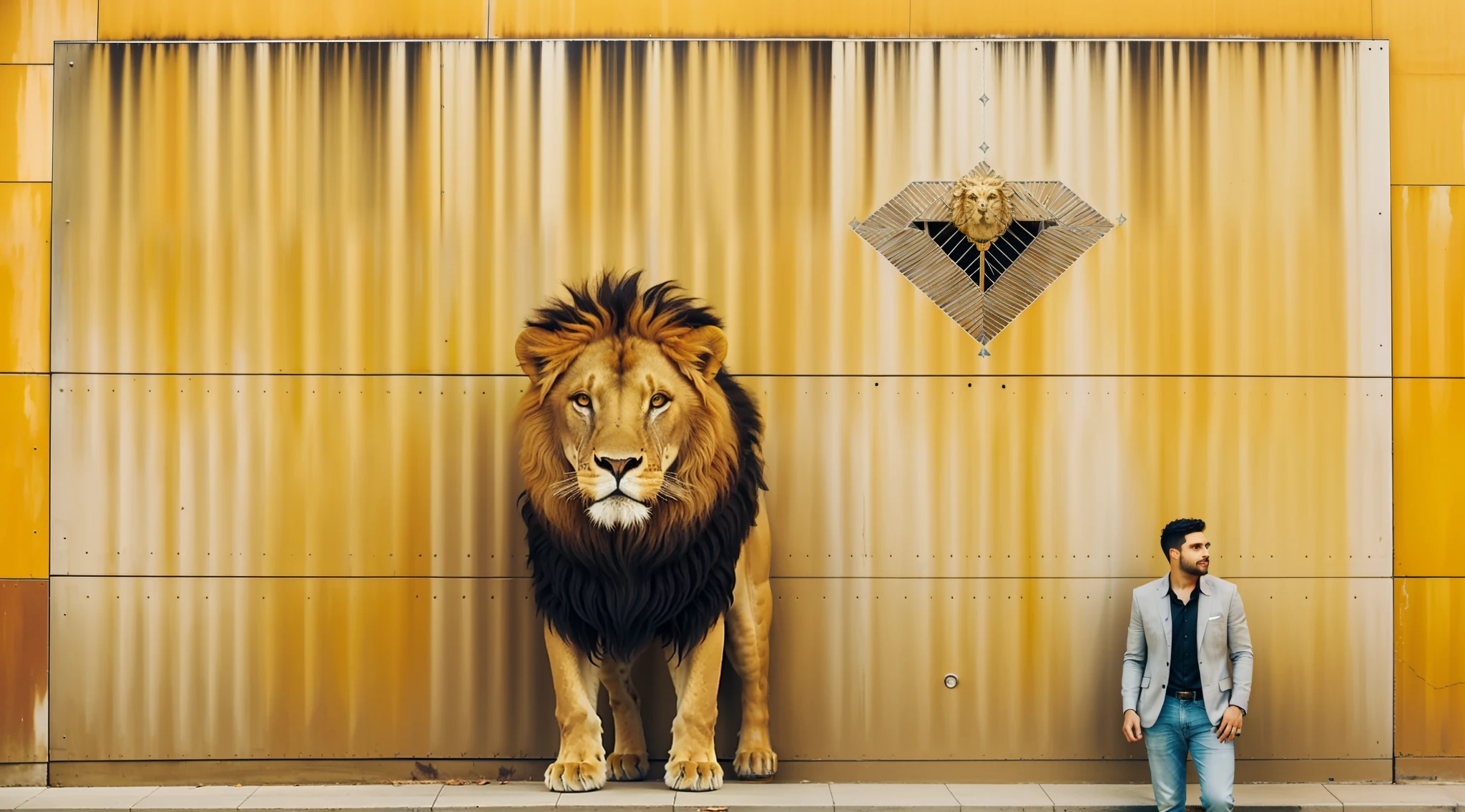 a man in front of a wall with a lion --auto --s2