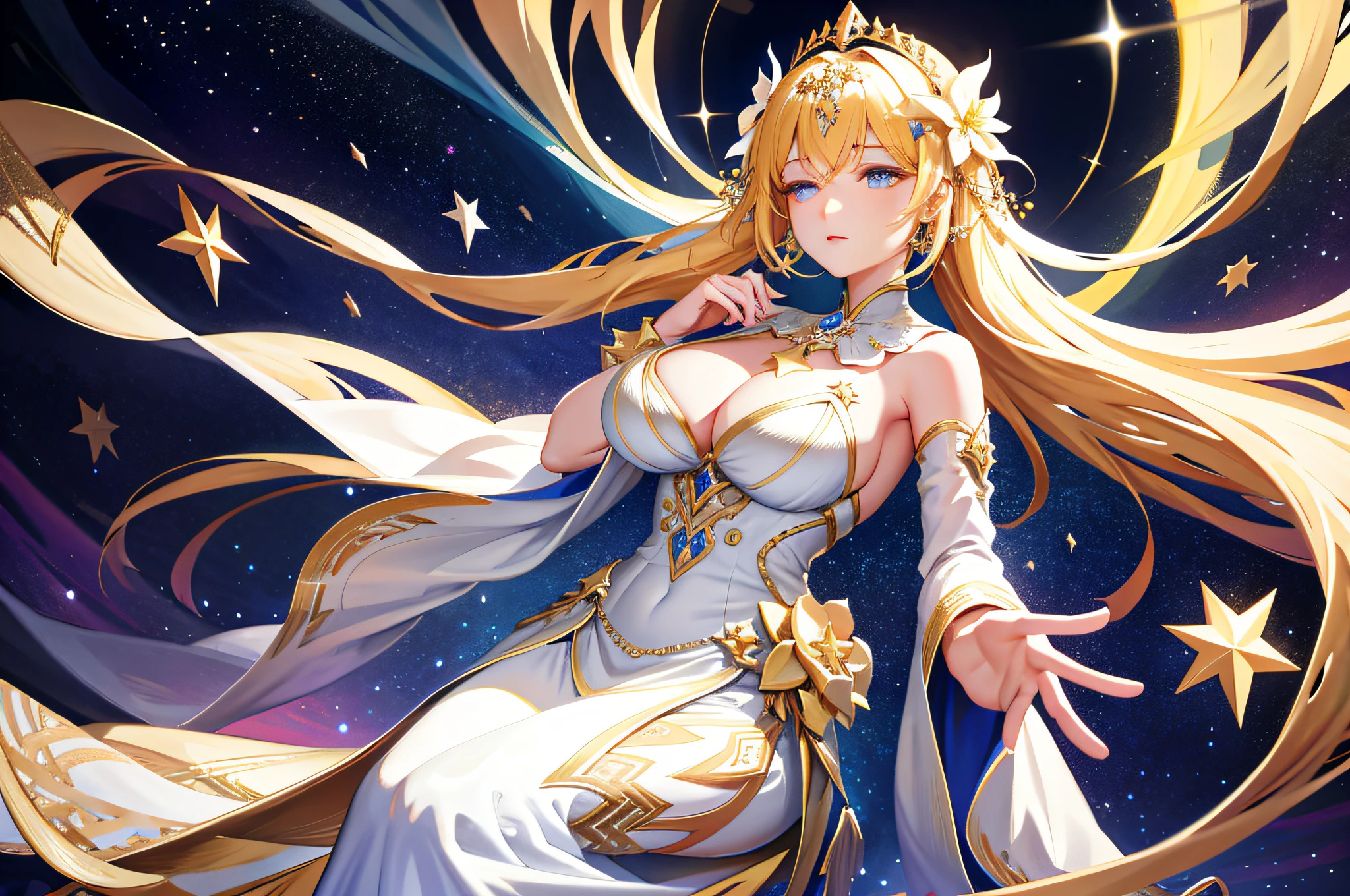 goddess of star, detailed dress, starry pattern, exquisite, complex, starry sky, (open mouth:0.3), expressionless, hair ornament, [half-closed eyes:0.5], big breasts