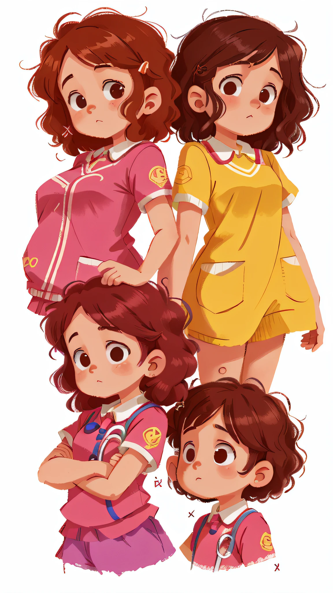 Two girls, twins, curly brown hair, medical cosulta