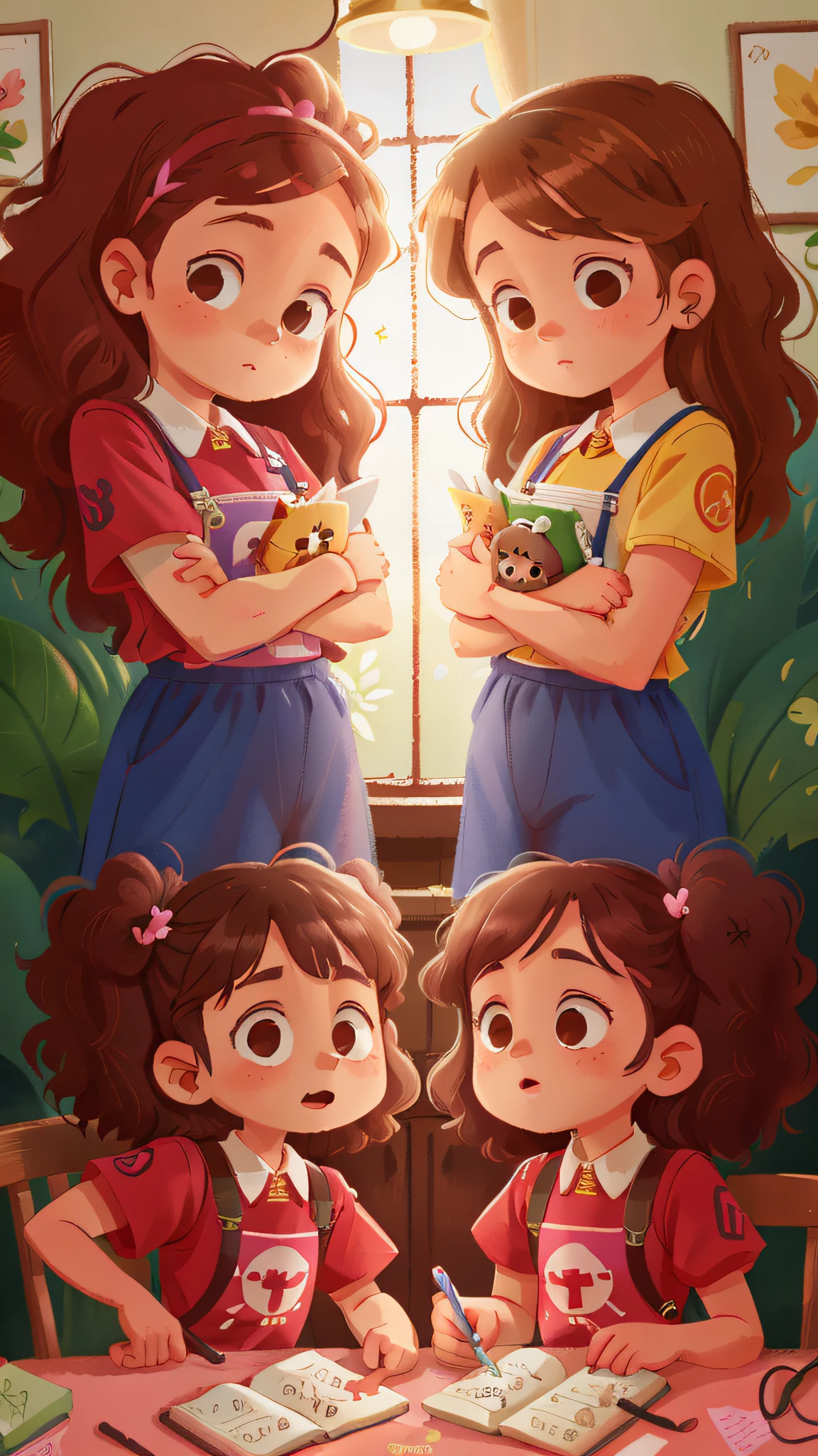 Two girls, twins, curly brown hair, medical cosulta