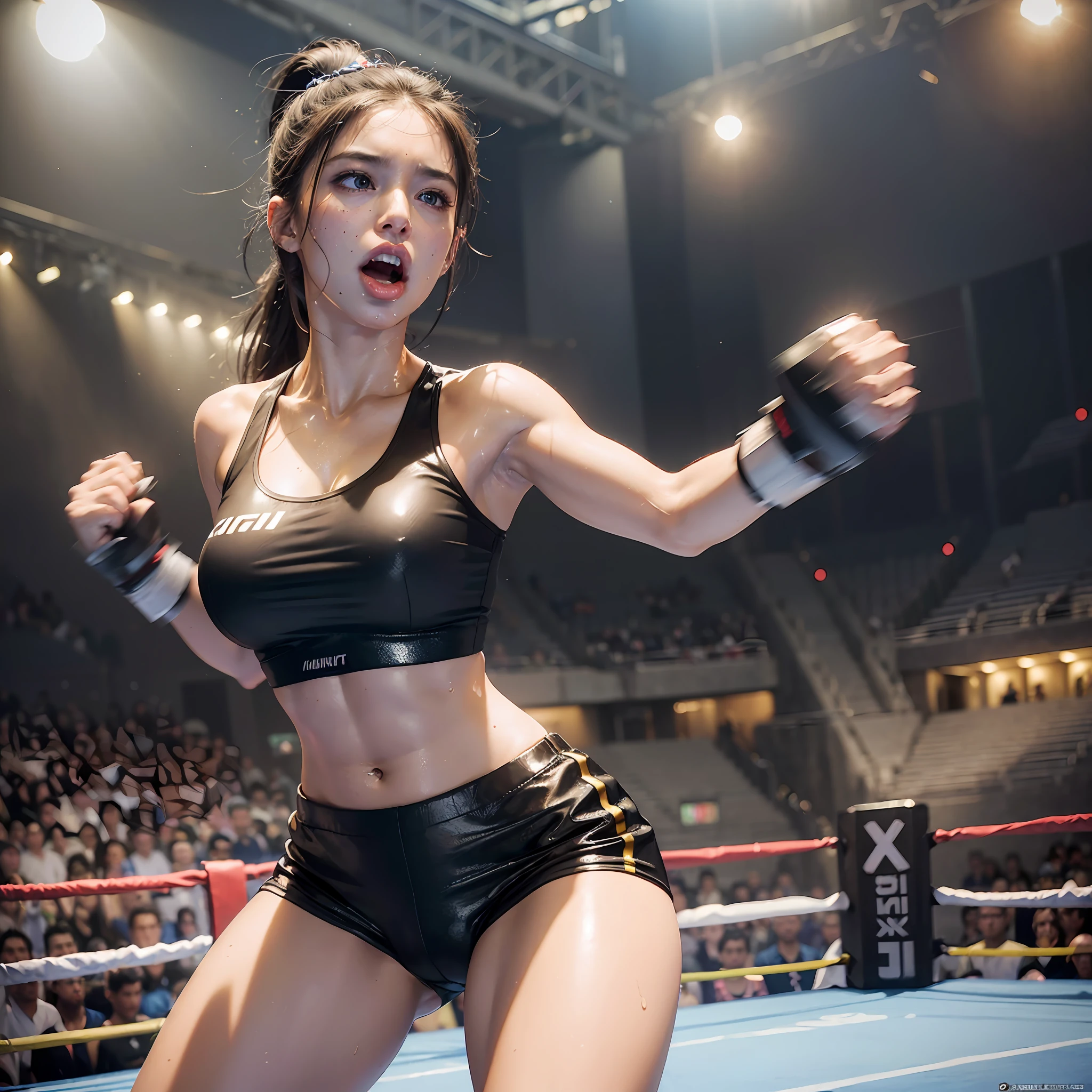 8k, best quality, masterpiece, realistic, real person, Unity 8k wallpaper, (1 girl) , Beautiful eyes, (Delicate face) , Perfect detail, (best lighting) , (super complex details) , (boxing girl) , (sexy), sweat, heavy breathing, ((screaming with big mouth open))))(oppressive aggression) , (boxing ring), athletic shorts, perfect detail, perfect fingers, perfect limbs, impact, (shiny skin), abs, muscles, big tits, waistline,boxing shorts, fist fight, black hair, high ponytail, very long hair, 4k unified, (super detail cg: 1.2), (8k: 1.2), realistic, octane rendering, (((martial arts tournament at the Greek Colosseum))), sunshine strong, audience seats are super full
