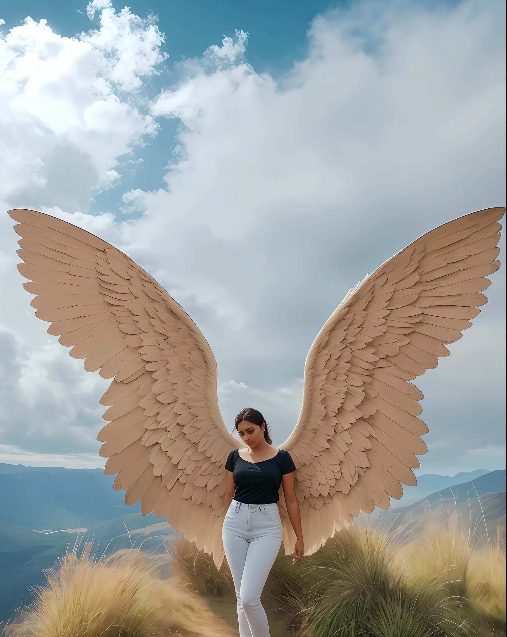 araffed woman standing on a hill with a large wing, giant wings, with real wings, with beautiful wings, huge wings, with wings, massive angel wings, big wings, spreading her wings, grand angel wings, epic angel wings, big angel wings wide open, devi wings, massive wings, huge feathery wings, full - body majestic angel