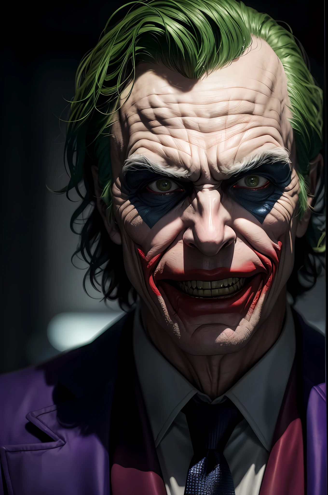 DC Comics, portrait (closeup) Old man joker, realistically, dynamic lights, old, full footage, (extremely detailed 8k wallpaper of CG unit), trend in ArtStation, trend in CGSociety, high detail, sharp focus, dramatic, photorealistic