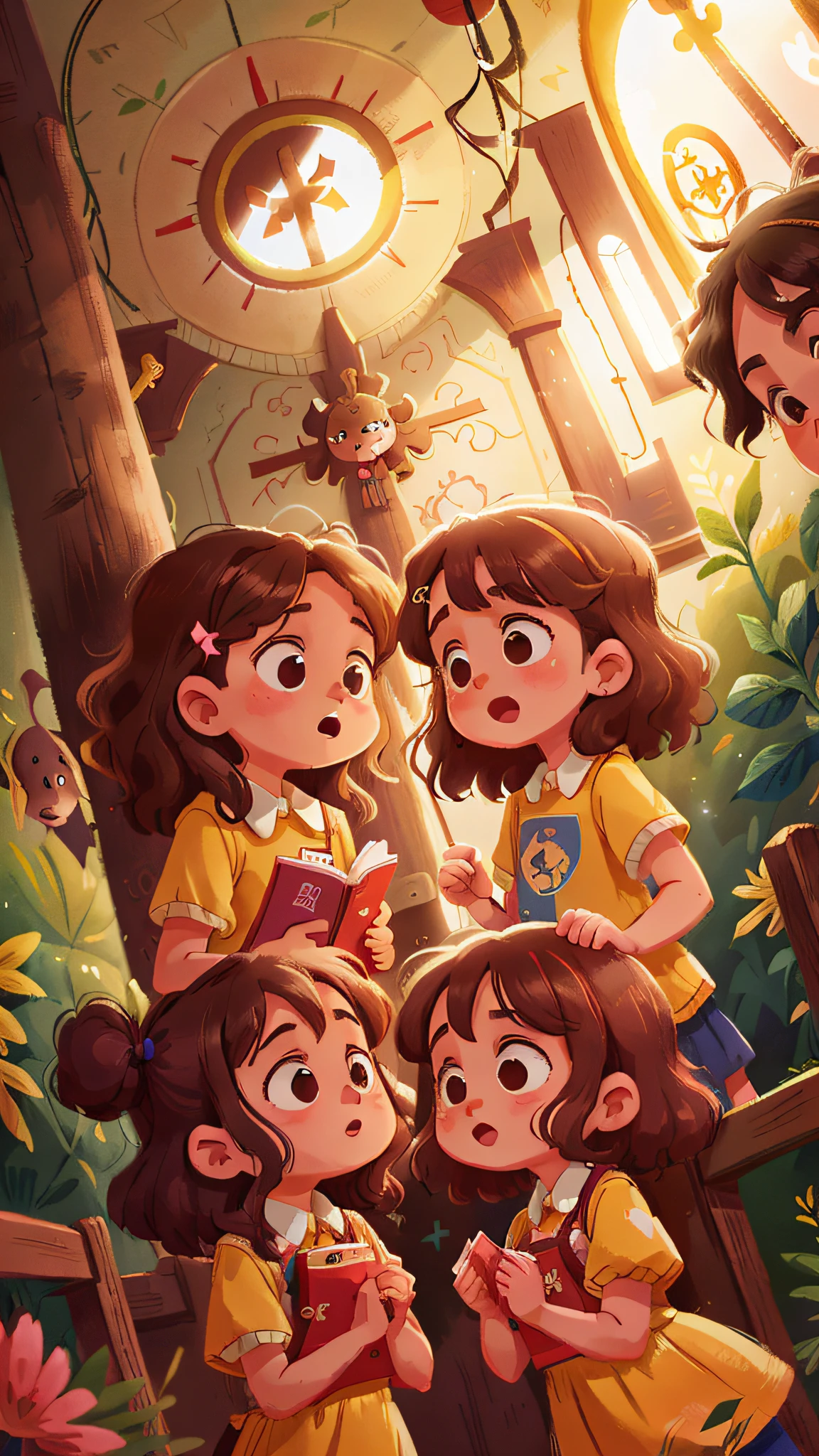 Two girls, twins, curly brown hair, in church praying