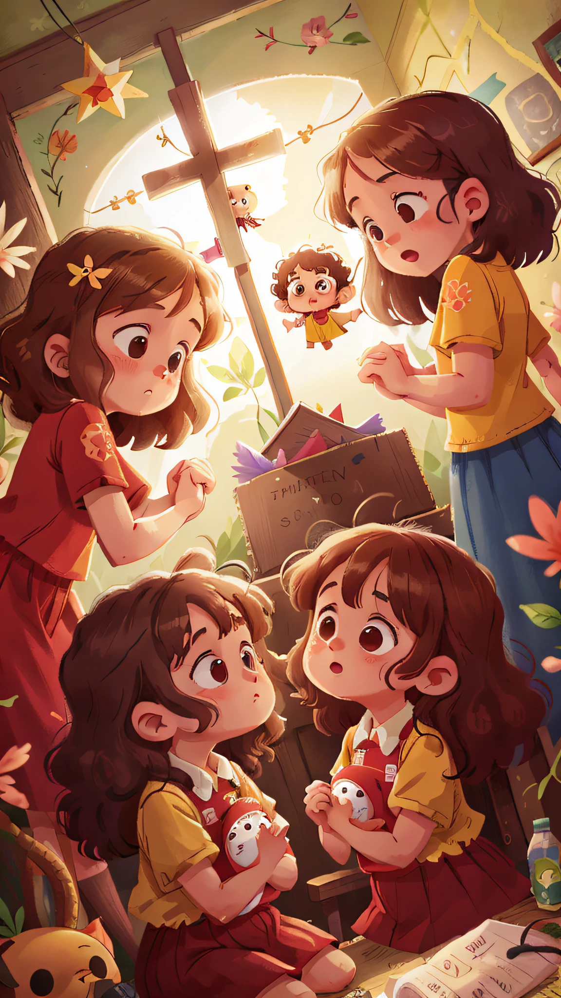 Two girls, twins, curly brown hair, in church praying