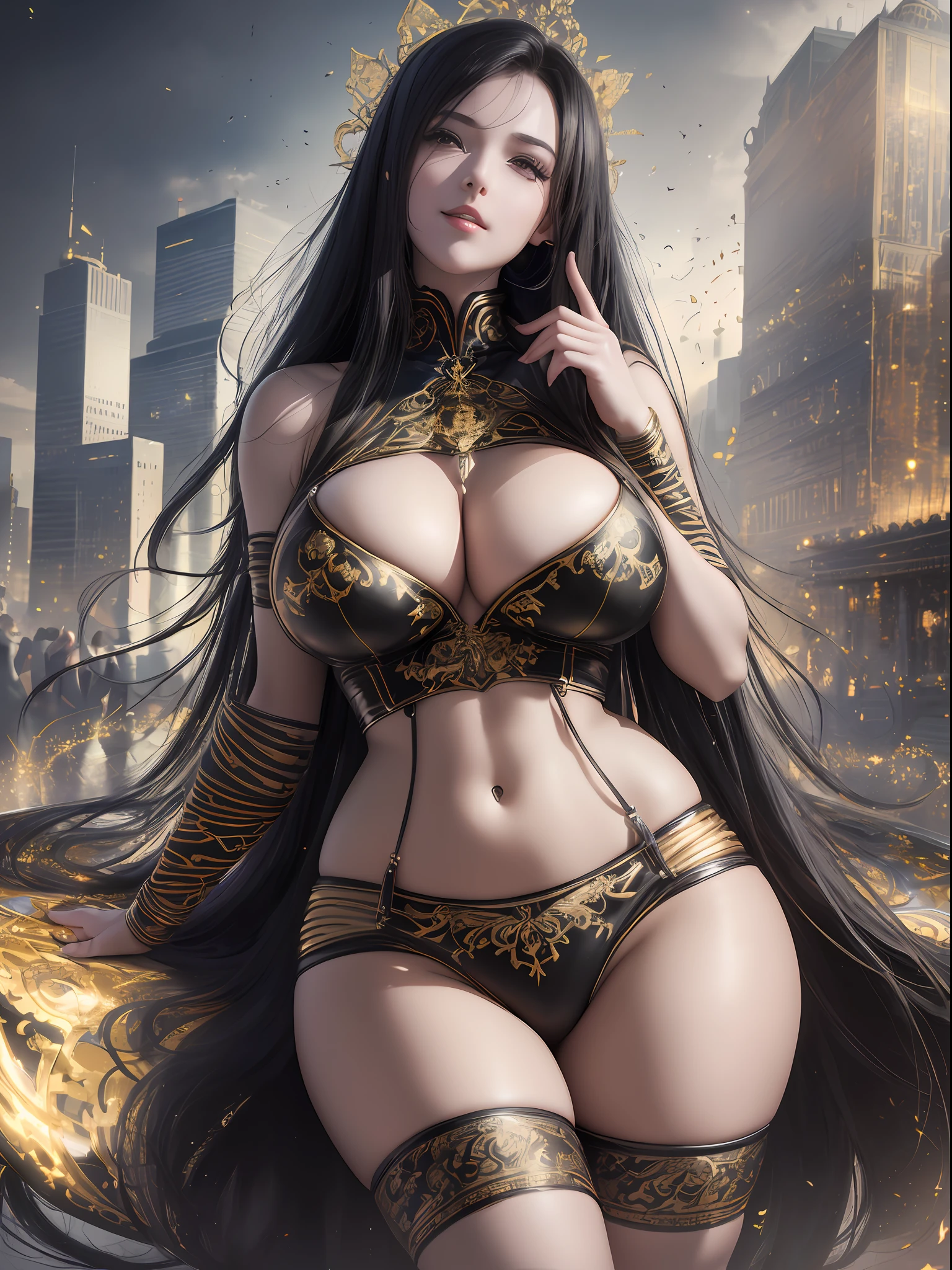 masterpiece, masterpiece, ultra high definition, super beautiful,  girl, big, perfect clothes, thighs, cute, perfect, smile, beautiful face, cute girl portrait, breast protrusion, lower breasts, cute anime girl, big breasts, exposed shoulders, navel, armpits, cheongsam, sexy dress, shanyang, temple, metal steel building, black and gold, pole, (car), (HDR: 1.25), (complex details: 1.14) (Ultra realistic 3D rendering: 1.16), (film: 0.55), child, littrl, bigts, viewer show, gold background