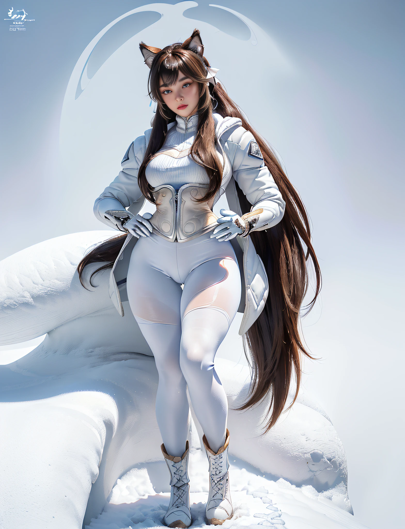 ((very detailed RAW color photo)), (((1 girl))), (((alone))), (((29 years))), ((athletic)), ((very defined toned physique)), ((very defined and beautiful muscular body)), (((very detailed perfect body))), (((small and defined breasts))), (((ultra defined curves))), (((superior quality, 8k, masterpiece: 1.3)), sharp focus: 1.2, (((extremely beautiful girl with perfect figure: 1.4))), ((very thin waist: 1.2)), ultra detailed skin texture, ((perfect and beautiful hands)), ((smooth and soft skin)), (ultra detailed fabric texture), extremely beautiful ultra detailed face, (((extremely beautiful))), intricate details, ultra detailed, (((girl wearing a white snow jacket and tight snow leggings with hiking boots))), (((the suit is white))), (((white snow gloves)), (((extremely long straight brown hair))), extremely beautiful, (((extra long ponytail with bangs))), ((very detailed and beautiful wolf ears)), (hair on the face), ((hair ribbon)), dynamic pose, ((uniform leaves thighs exposed)), ((ultra detailed and toned legs)), (((ultra detailed waist))), (((very wide hips))), (((very thick and toned thighs))), (sexy), (((extreme hourglass figure))), (((very thick heart lips))), ((red lipstick)), ((ultra detailed lips)), ((ultra detailed blue eyes)), ((angry look)), (((staring at the viewer))), ultra detailed provocative mouth, extremely beautiful seductive lips, ((blushing)), (makeup), (((ultra defined waist))), eye shadow, (full body shot), in a frozen Siberian lake