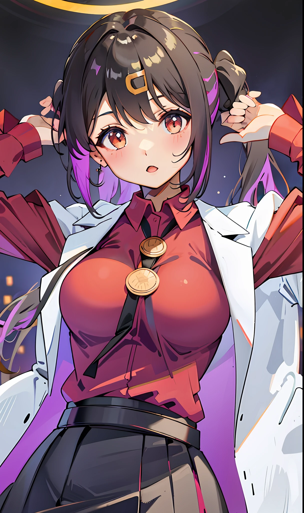 mihari_olis, 1girl, solo, red shirt, bolo tie, black skirt, black belt, labcoat BREAK indoors, dark room, night, dark background, large breast