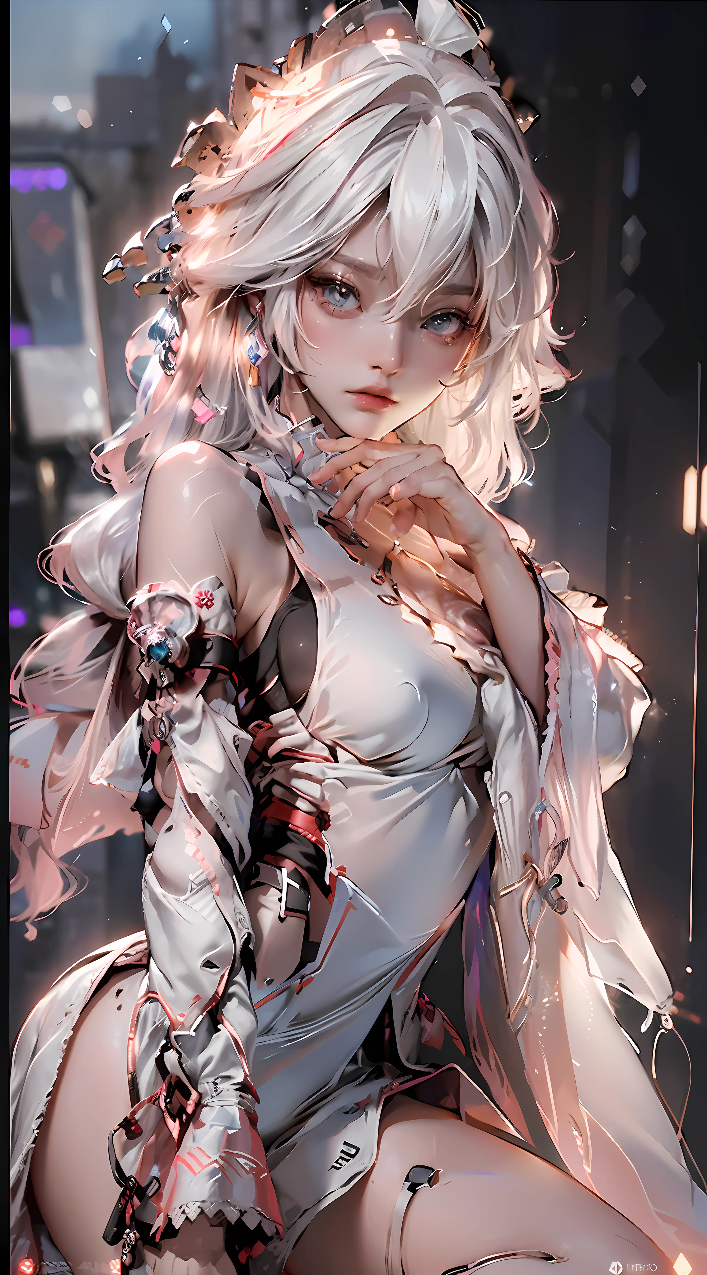 (Best Quality), ((Masterpiece), (Detail: 1.4), 3D, A Beautiful Cyberpunk Woman, HDR (High Dynamic Range), Ray Tracing, NVIDIA RTX, Super-Resolution, Unreal 5, Subsurface Scattering, PBR Textures, Post-Processing, Anisotropic Filtering, Depth of Field, Maximum Sharpness and Clarity, Multi-layer Textures, Albedo and Highlight Maps, Surface Shading, Precise simulation of light-material interactions, perfect proportions, Octane Render, two-color light, large aperture, low ISO, white balance, rule of thirds, 8K RAW, confused eyes, fascinated, shy, delicious, delicate, erotic lingerie, black lace, lace shorts, bare waist, nude, exposed breasts. Exposed, leaked, beautiful, sexy, sexy, sexual, glass breaking, translucent breakage, white coat, coat falling off,
