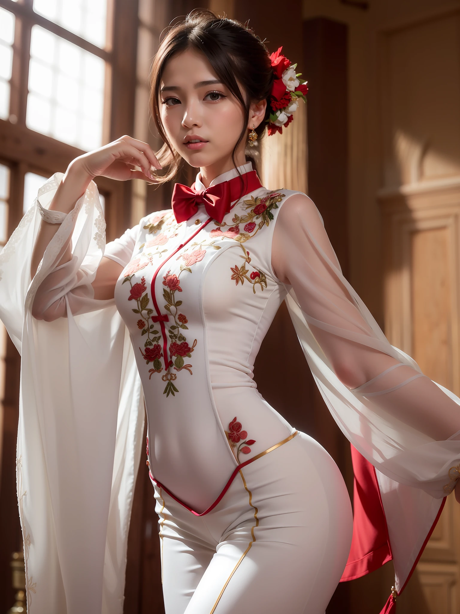1girl, (best quality, masterpiece, ultra high resolution),(photorealistic:1.3), (realistic:1.3),(long legs:1.3), (closed mouth), (light smile:1.2), (long white ao dai:1.2), (Embroidered:1.2), (long trousers:1.2), (red bow tie:1.2),(day:1.3), (bright lights:1.3), indoors, busty, dynamic pose, vivacious and seductive,(standing), (slender), (slender legs), (busty:1.2), (facing to the side), shiny skin, nose blush, (male focus, from below:1.2), (lower body:1.2),