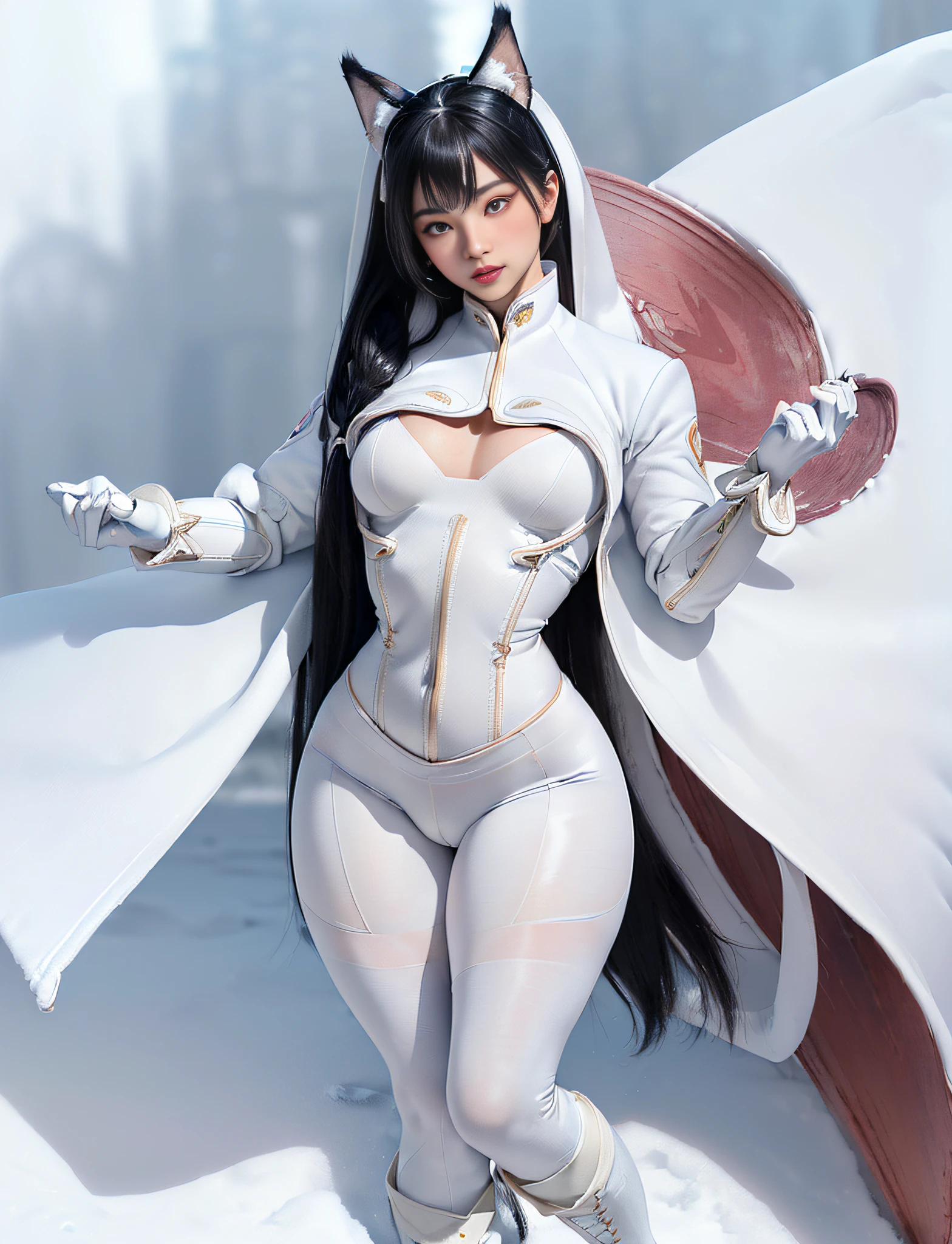 ((very detailed RAW color photo)), (((1 girl))), (((alone))), (((29 years))), ((athletic)), ((very defined toned physique)), ((very defined and beautiful muscular body)), (((very detailed perfect body))), (((small and defined breasts))), (((ultra defined curves))), (((superior quality, 8k, masterpiece: 1.3)), sharp focus: 1.2, (((extremely beautiful girl with perfect figure: 1.4))), ((very thin waist: 1.2)), ultra detailed skin texture, ((perfect and beautiful hands)), ((smooth and soft skin)), (ultra detailed fabric texture), extremely beautiful ultra detailed face, (((extremely beautiful))), intricate details, ultra detailed, (((girl wearing a white snow jacket and tight snow leggings with hiking boots))), ((((the suit is white))), (((white snow gloves)), (((extremely long straight black hair))), extremely beautiful, (((extra long ponytail with bangs))), ((very detailed and beautiful wolf ears)), (hair on the face), ((hair ribbon)), dynamic pose, ((uniform leaves thighs exposed)), ((ultra detailed and toned legs)), (((ultra detailed waist))), (((very wide hips))), (((very thick and toned thighs))), (sexy), (((extreme hourglass figure))), (((very thick heart lips))), ((red lipstick)), ((ultra detailed lips)), ((ultra detailed blue eyes)), ((angry look)), (((staring at the viewer))), ultra detailed provocative mouth, extremely beautiful seductive lips, ((blushing)), (makeup), (((ultra defined waist))), eye shadow, (full body shot), in a frozen Siberian lake