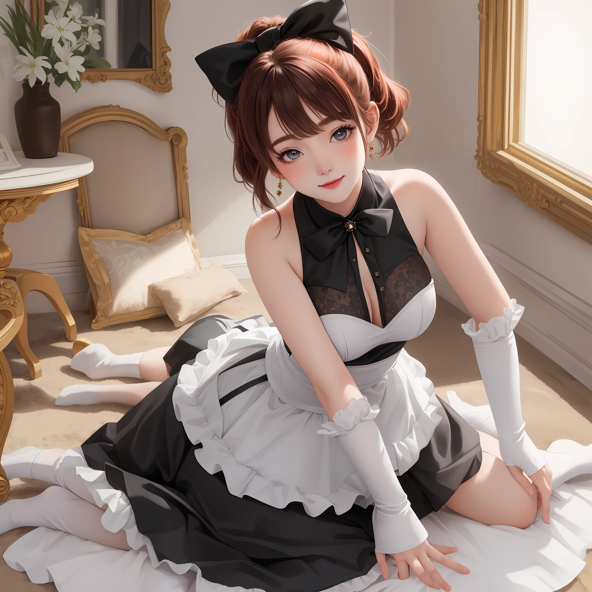 Masterpiece, solo, high detail, super detail, super high res, (photorealistic: 1.333), (highest quality), (best shadow), detailed, perfect lighting, 1girl, Perfect proportions, Perfect anatomy, princess eyes, bright orange hair, shinny skin, thin and slender waist, missy hair, wide hips, portrait, in bedroom, black and white maid costume with garter belt, 18 years old, medium breasted, teary eyes, Bending forward, leaning forward, blushing and smiling gentry, Looking into the viewer, on all fours