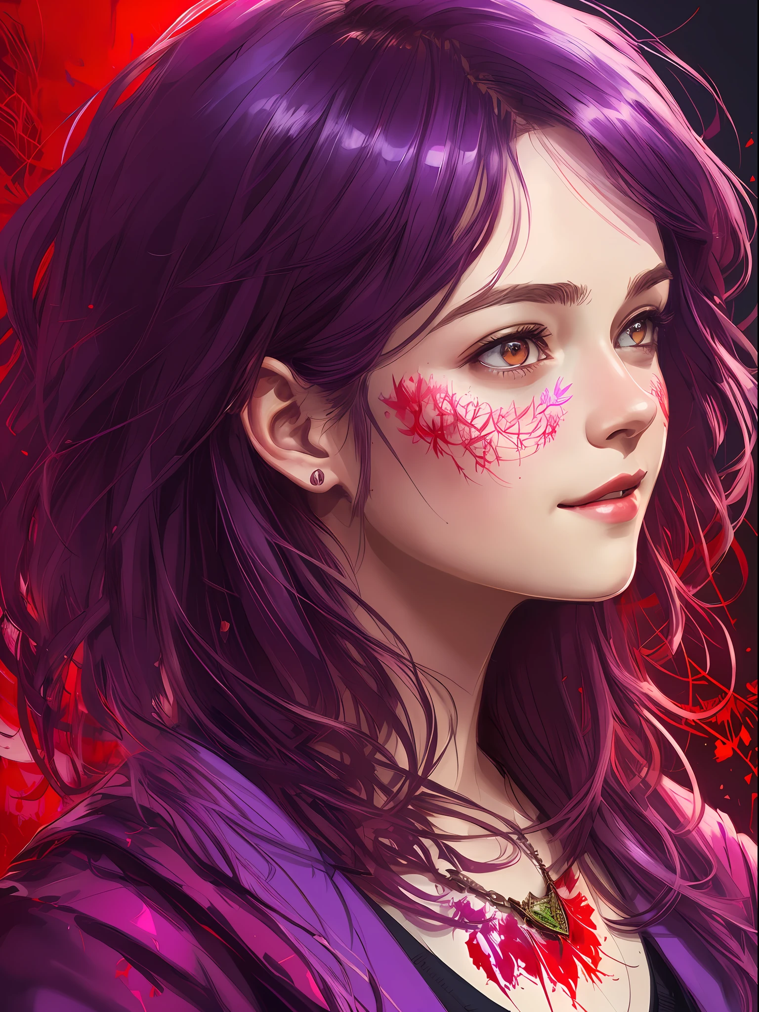 happy girl, centered, looking at the camera, approaching perfection, dynamic, forest hall, (shades of purple and ((red 1.5)))), highly detailed, digital painting, art station, concept art, smooth, sharp focus, illustration, art by Carne Griffiths and Wadim Kashin, detailed face, 4k