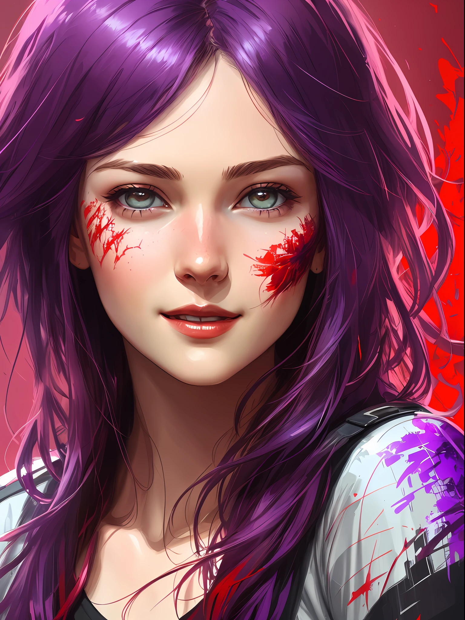 happy girl, centered, looking at the camera, approaching perfection, dynamic, forest hall, (shades of purple and ((red 1.5)))), highly detailed, digital painting, art station, concept art, smooth, sharp focus, illustration, art by Carne Griffiths and Wadim Kashin, detailed face, 4k