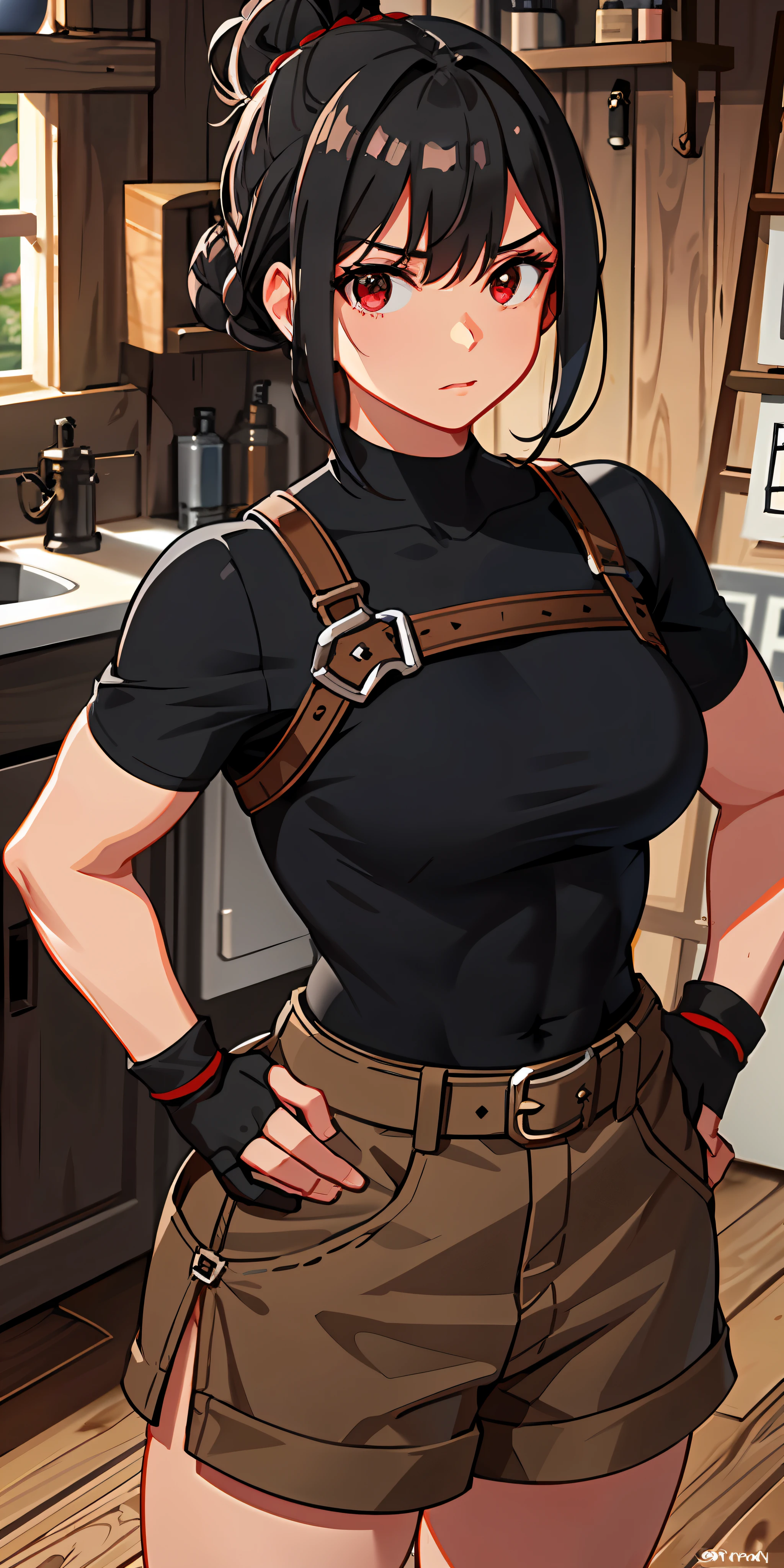 Blacksmith, dwarf, (short woman), ((skin is brown)), physique is adult, adult look, red eyes, black hair, bob, hair is in a bun on the head, 1 girl, slightly muscular, wearing gloves up to the wrists,