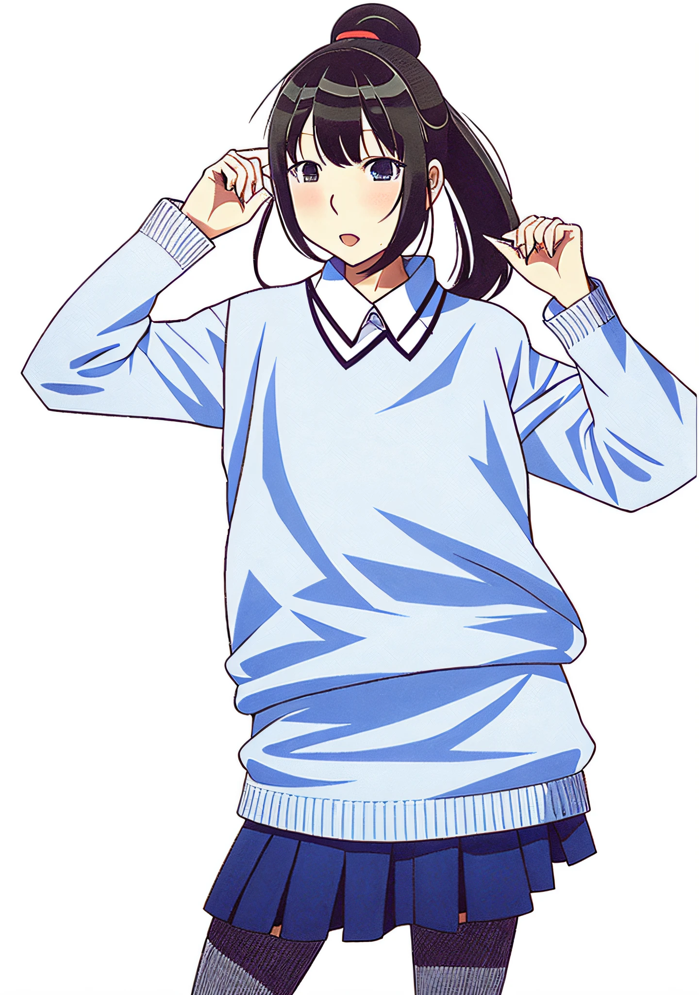 Alafed Asian woman in blue sweater and black skirt, Seifuku, Chiho, Rei Iwakura, Rin, Sayori, Shiori Teshirogi, Mayuri Shiina, JK uniform, Shikamimi, index finger, Yasumoto Oka, Rei Hiroe, Rairai Iwakura, Yukii Morita Anime, ponytail