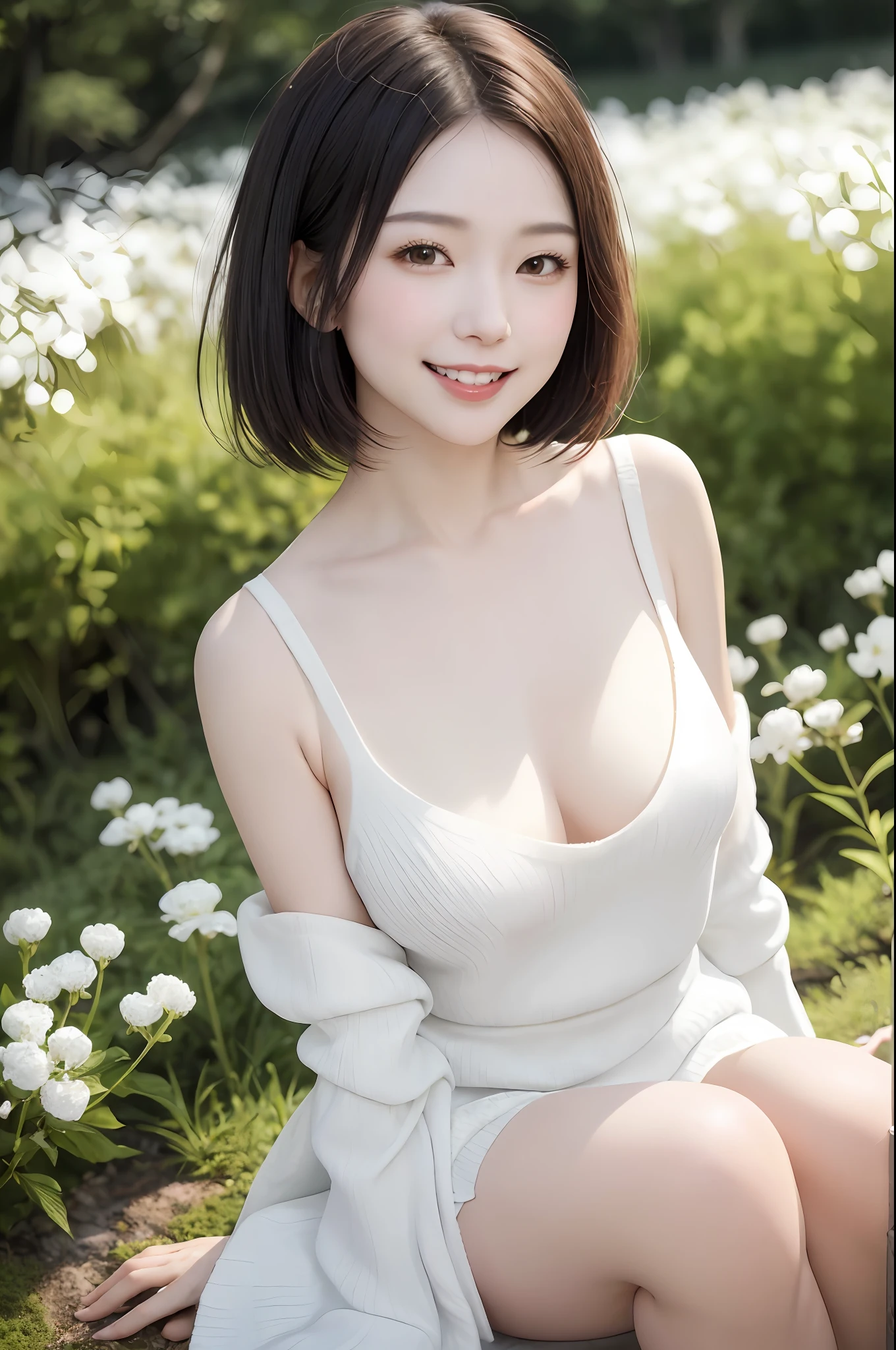 A japanese woman stands in a park where white clover blooms all around, a forest can be seen in the background, exquisite and beautiful face, exquisite collarbone, seductive and delicate collarbone, charming fragrant shoulders, shoulders slightly exposed,  open-shoulder long sweater,red sweater, pretty face, peach Red lips, tender and smooth skin,(white skin:1.6),(vivid:1.2),black hair,(bob hair:1.2), short hair,(smile:1.2),smile with teeth, white teeth,very realistic details,  ultra-high resolution,bokeh,outstanding details, 8K, pigeon chest, full body