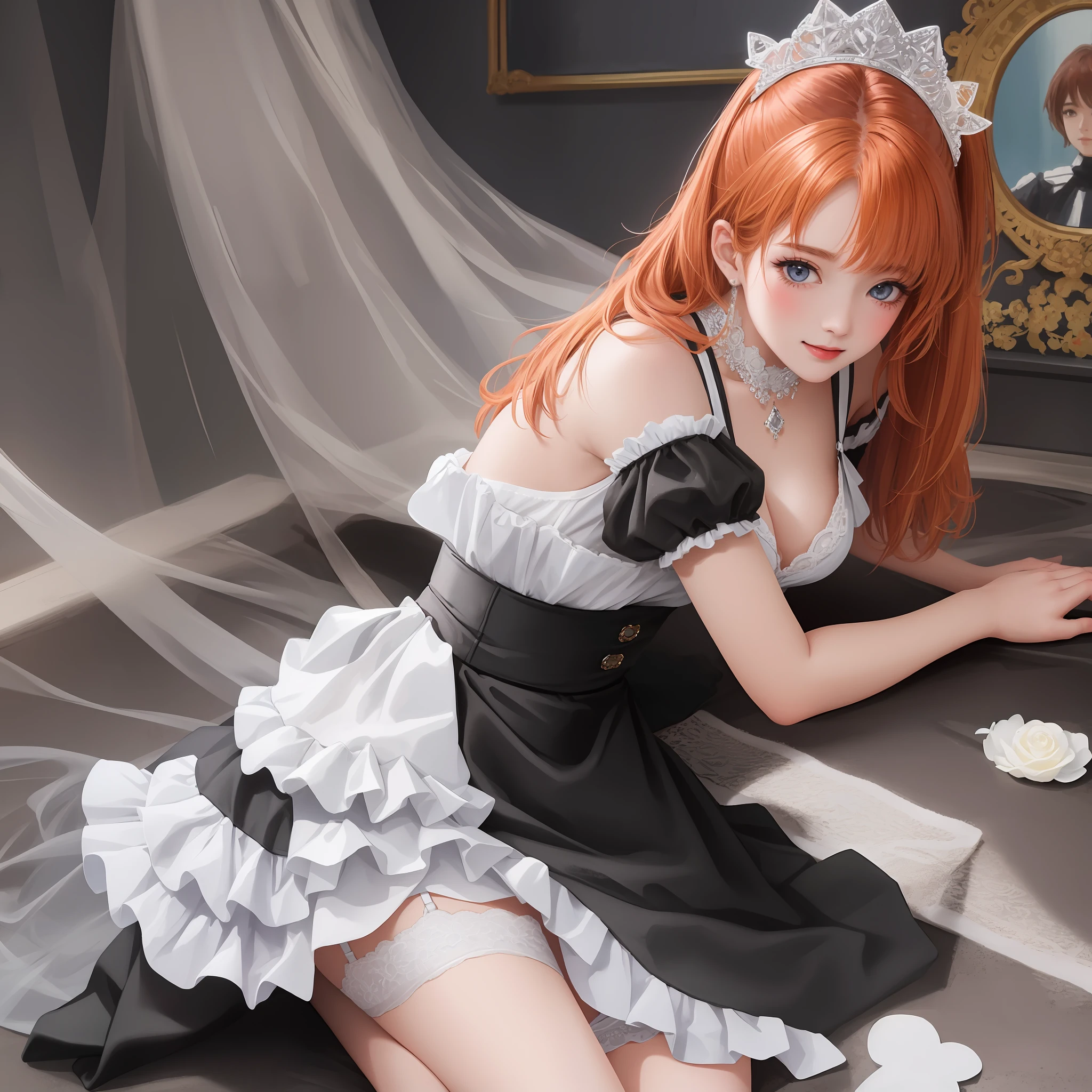 Masterpiece, solo, high detail, super detail, super high res, (photorealistic: 1.333), (highest quality), (best shadow), detailed, perfect lighting, 1girl, Perfect proportions, Perfect anatomy, princess eyes, bright orange hair, shinny skin, thin and slender waist, missy hair, wide hips, portrait, in bedroom, black and white maid costume with garter belt, 18 years old, medium breasted, teary eyes, Bending forward, leaning forward, blushing and smiling gentry, Looking into the viewer, on all fours