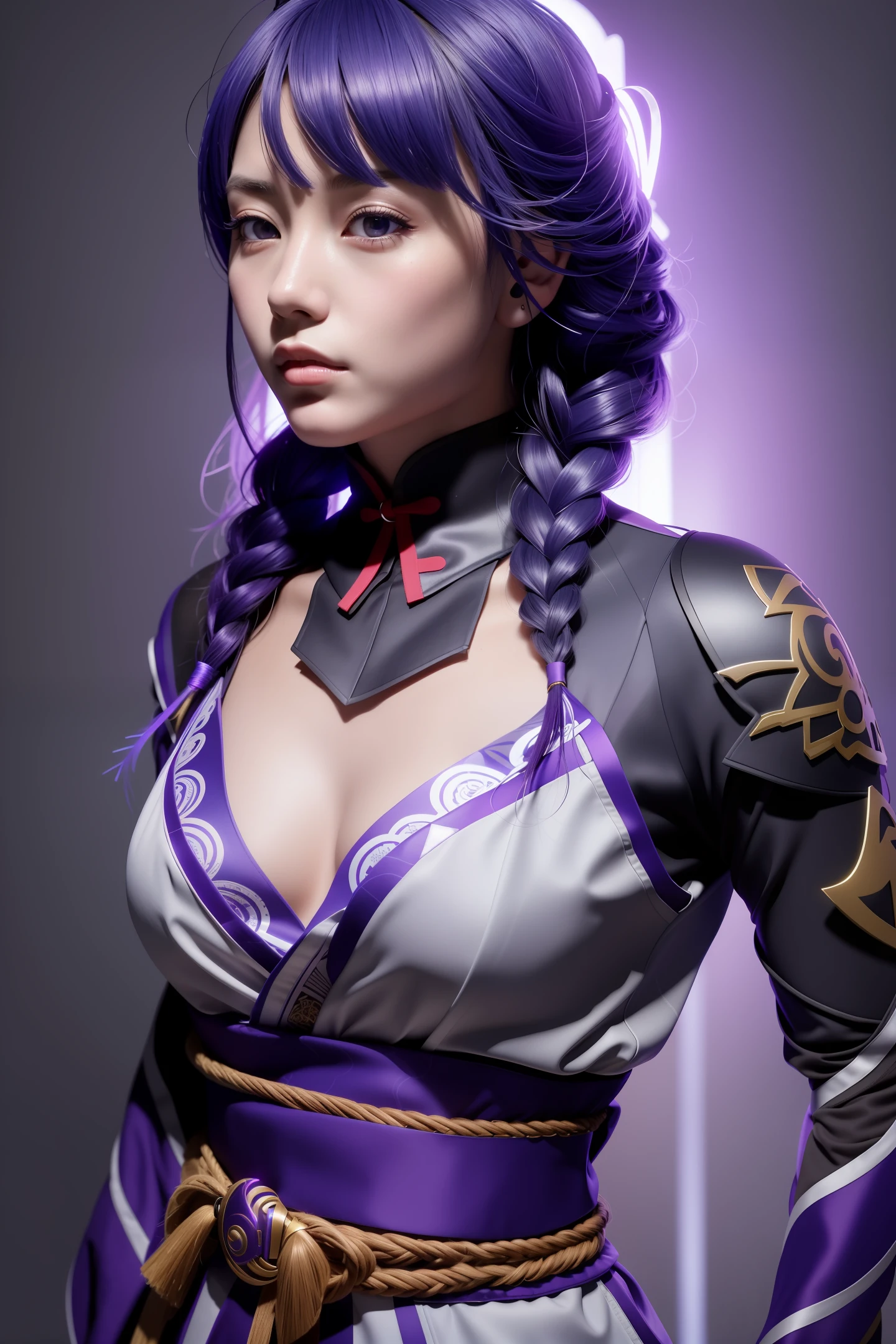 (masterpiece, finely detailed beautiful eyes: 1.2), (illustration:1.2), 1girl, solo, (raiden shogun:1.4), purple hair, purple eyes, bangs, braid, braided ponytail, breasts, hair ornament, japanese clothes, kimono, sash, redsash, thighs, volumetric lighting, hyper detailed, highly detailed, beautiful, small details, ultra detailed, best quality, intricate, sharp, digital illustration, detailed, realism, intricate, 4k, 8k, trending on artstation, good anatomy, beautiful lighting, award-winning, highres, (extremely detailed CG, unity, 8k wallpaper:1.1), beautiful face, highly detailed face, zoomout, colorful, vibrant colors, nail polish, (glow:1.4)