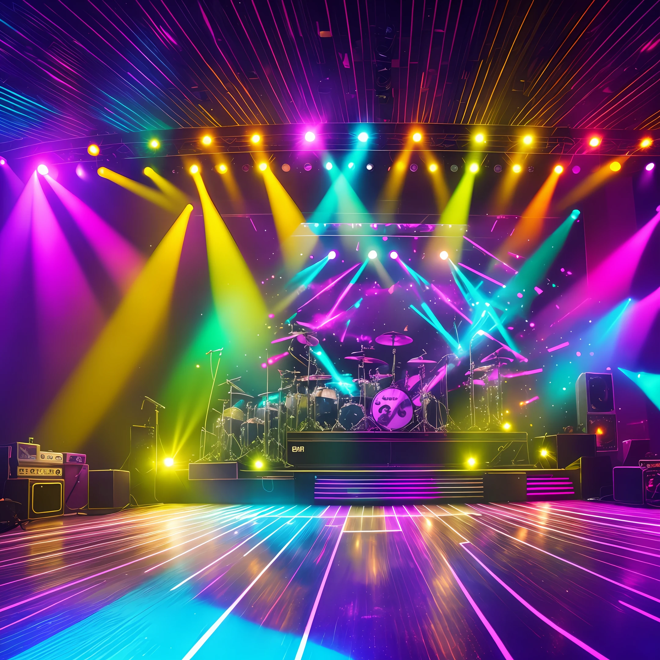 Realistic photo of famous rock band stage with lighting, with led panel, decoration with neon boards, 4k, uhd, severe low lighting, high quality, sharp focus, fujifilm XT3 --auto --s2