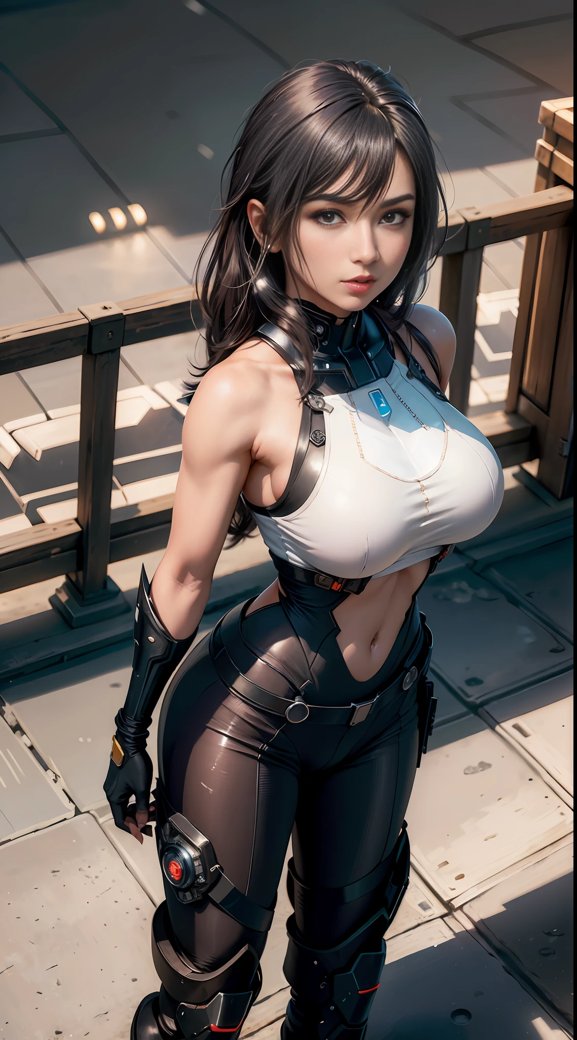 Tifa as Mecha Warrior, Beach, (inspired by Mass Effect), long black hair, full body mecha suit, full coverage of mech pants, safety rating, (8k, foto RAW, fotorrealista: 1, 25), (muito brilho labial, muitos cílios, melhor qualidade, ultra alta resolução, profundidade de campo, Aberração cromática, luz ampla, cor natural, distant image (1:2)