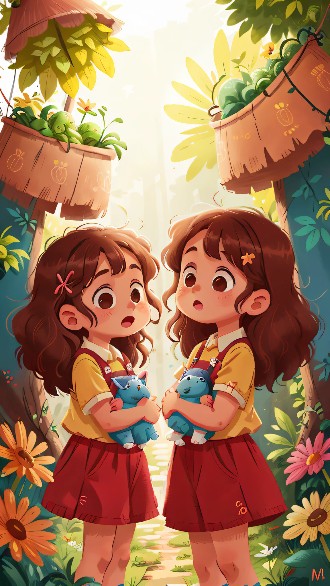Two girls, twins, curly brown hair, at the open market