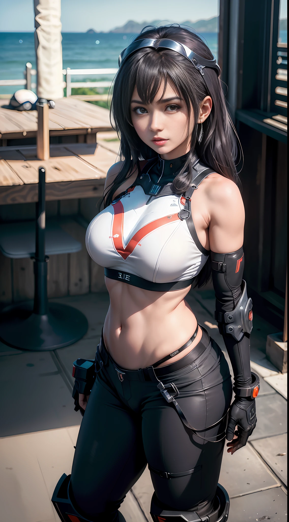 Tifa as Mecha Warrior, Beach, (inspired by Mass Effect), long black hair, full body mecha suit, full coverage of mech pants, safety rating, (8k, foto RAW, fotorrealista: 1, 25), (muito brilho labial, muitos cílios, melhor qualidade, ultra alta resolução, profundidade de campo, Aberração cromática, luz ampla, cor natural, distant image (1:2)