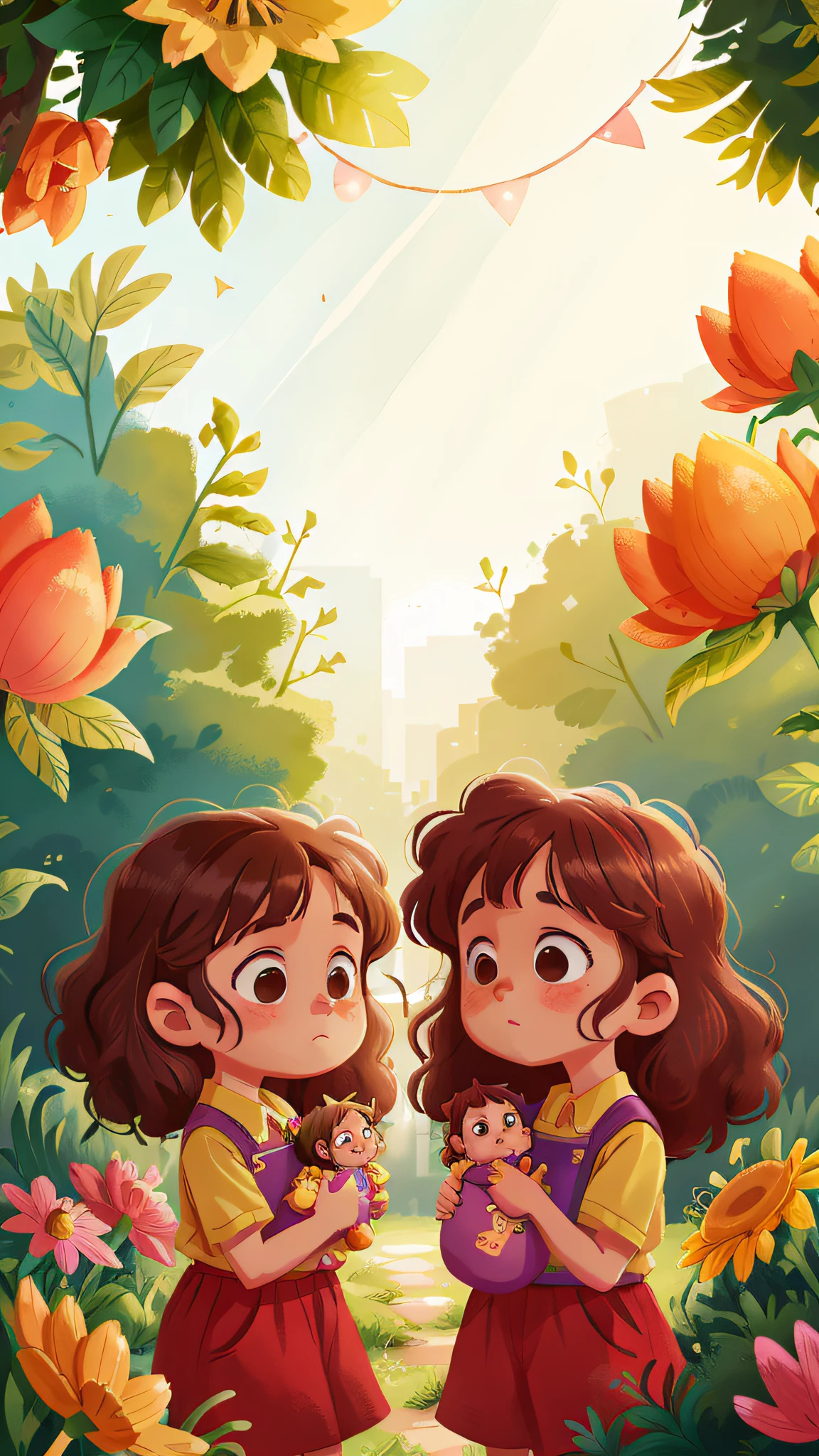 Two girls, twins, curly brown hair, at the open market