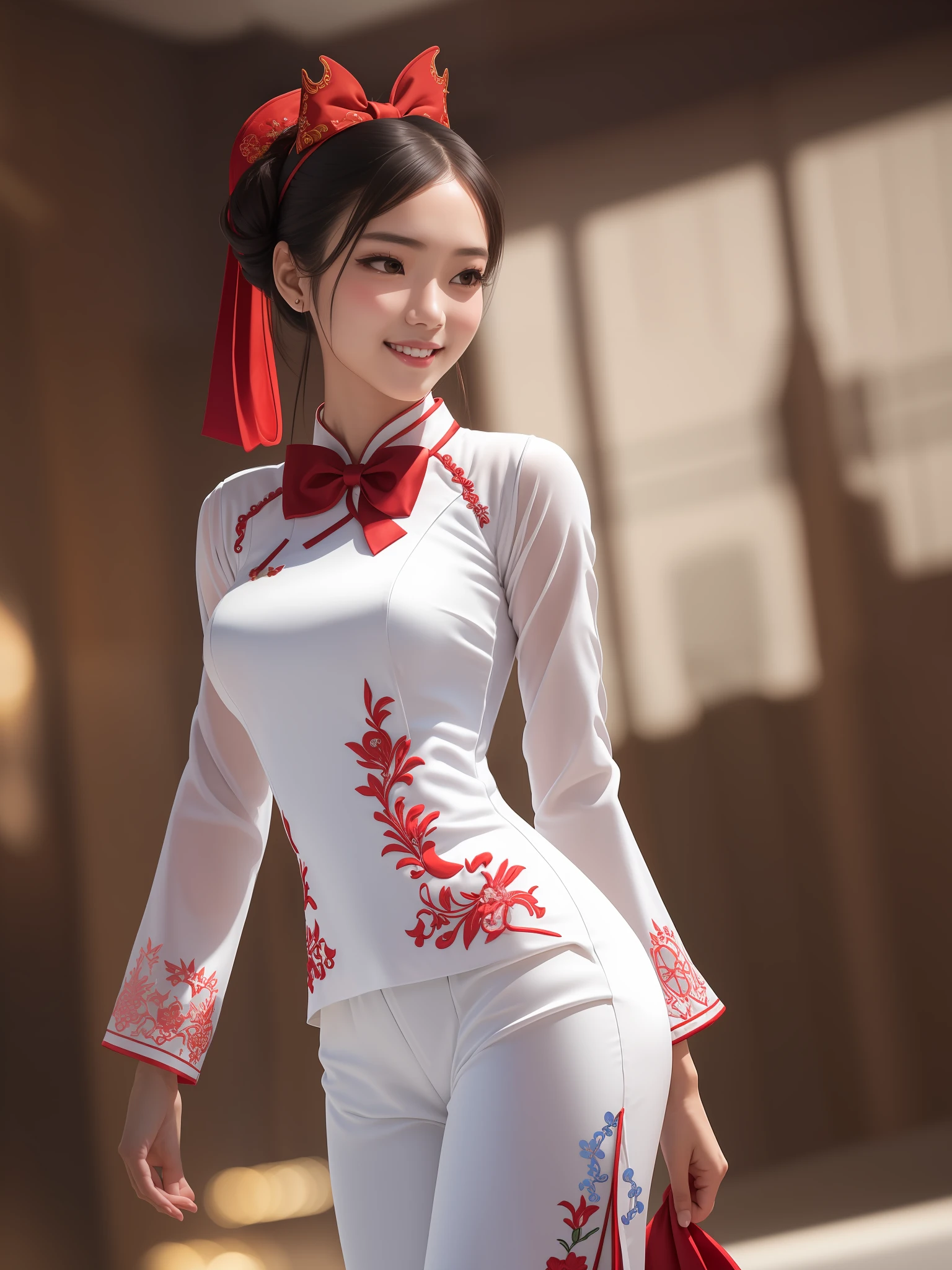 1girl, (best quality, masterpiece, ultra high resolution),(photorealistic:1.3), (realistic:1.3),(long legs:1.3), (closed mouth), (light smile:1.2), (long white ao dai:1.2), (Embroidered:1.2), (long trousers:1.2), (red bow tie:1.2),(day:1.3), (bright lights:1.3), indoors, busty, dynamic pose, vivacious and seductive,(standing), (slender), (slender legs), (busty:1.2), (facing to the side), shiny skin, nose blush, (male focus, from below:1.2), (lower body:1.2),