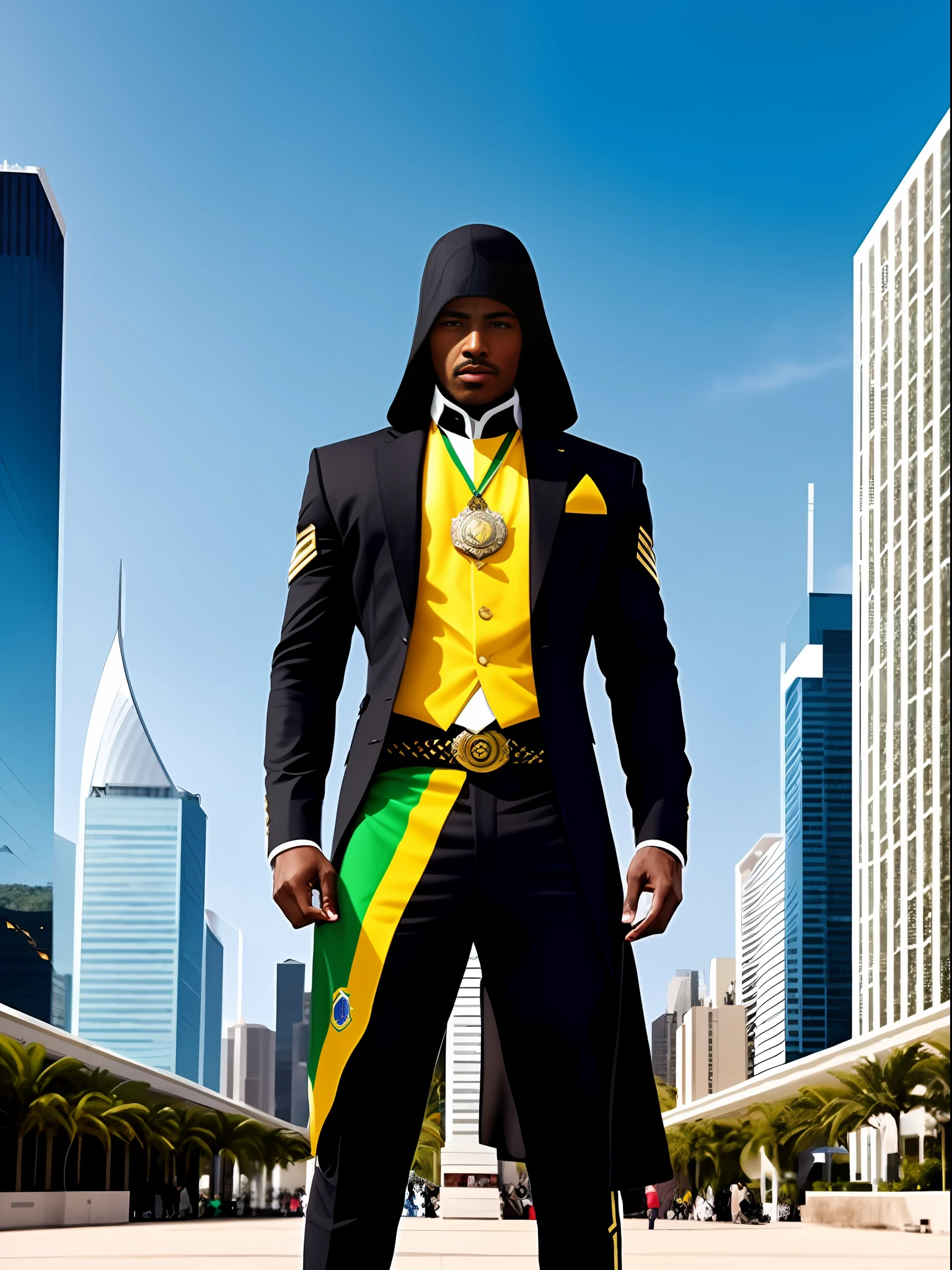 "Create an image of a black Brazilian Assassin in his signature costume, holding a hidden blade with a brooch of the Brazilian flag on his chest. The scene should take place in an urban setting, with tall, modern buildings in the background and a busy street in front of you. The Assassin must be in a prominent position, with a confident and determined air, conveying his skill and imminent danger."