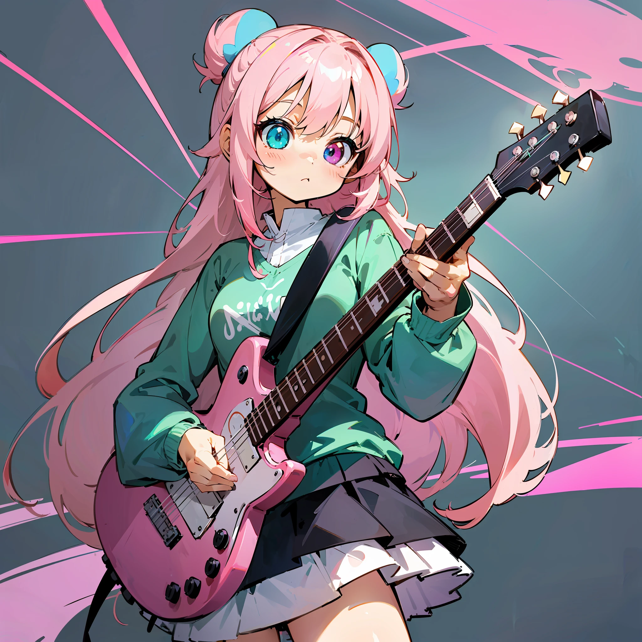 (heterochromia, light blue and light green eyes: 1.8), "Kyoto Animation" style anime illustration, highest quality, (cute: 1.1), (cute), (high resolution: 1.2), incredibly ridiculous: 1.3, incredibly fine illustration,((super detailed) , pink straight hair ,{{light pink trackwear}}, long hair,blue eyes,cool,kawaii,moe, long sleeves, simple background, {{{black guitar}}},loli,2d,,{check skirt},anime,big eyes, nichijou, dynamic angle, --auto --s2